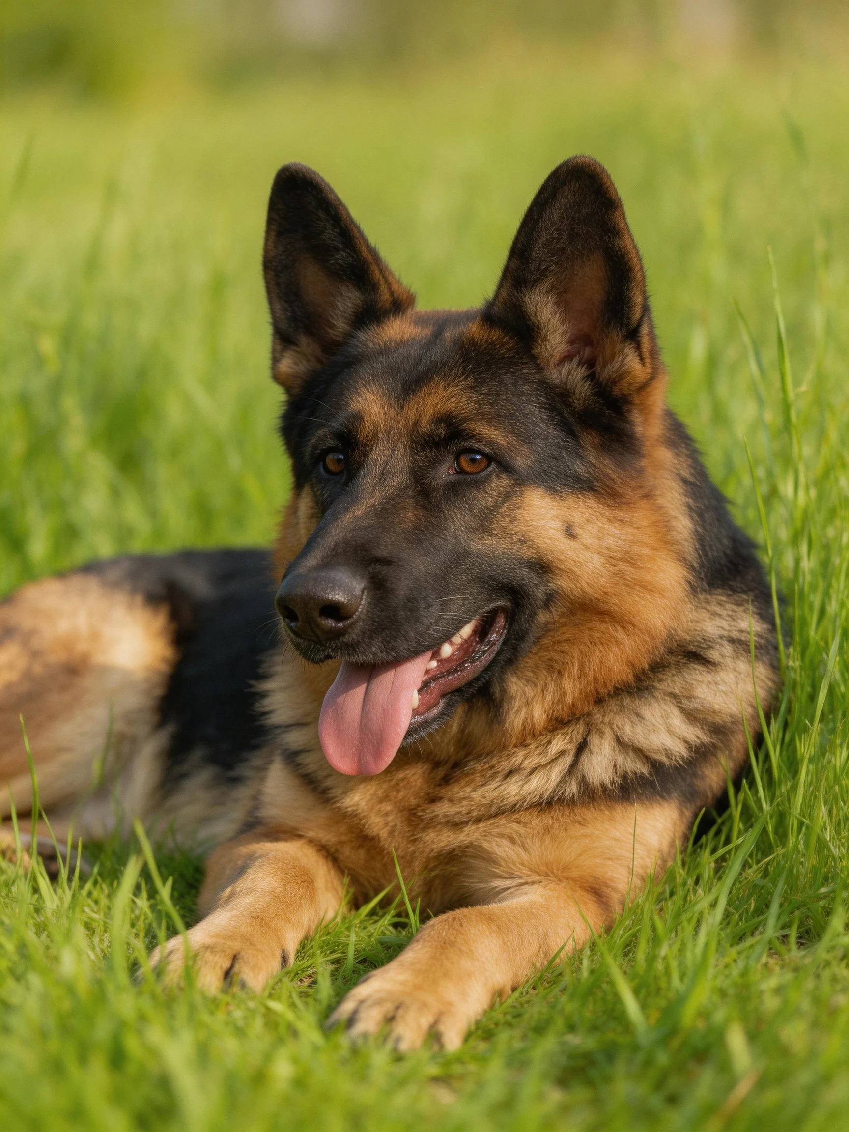 A German Shepherd relaxes in lush green grass with black and tan fur