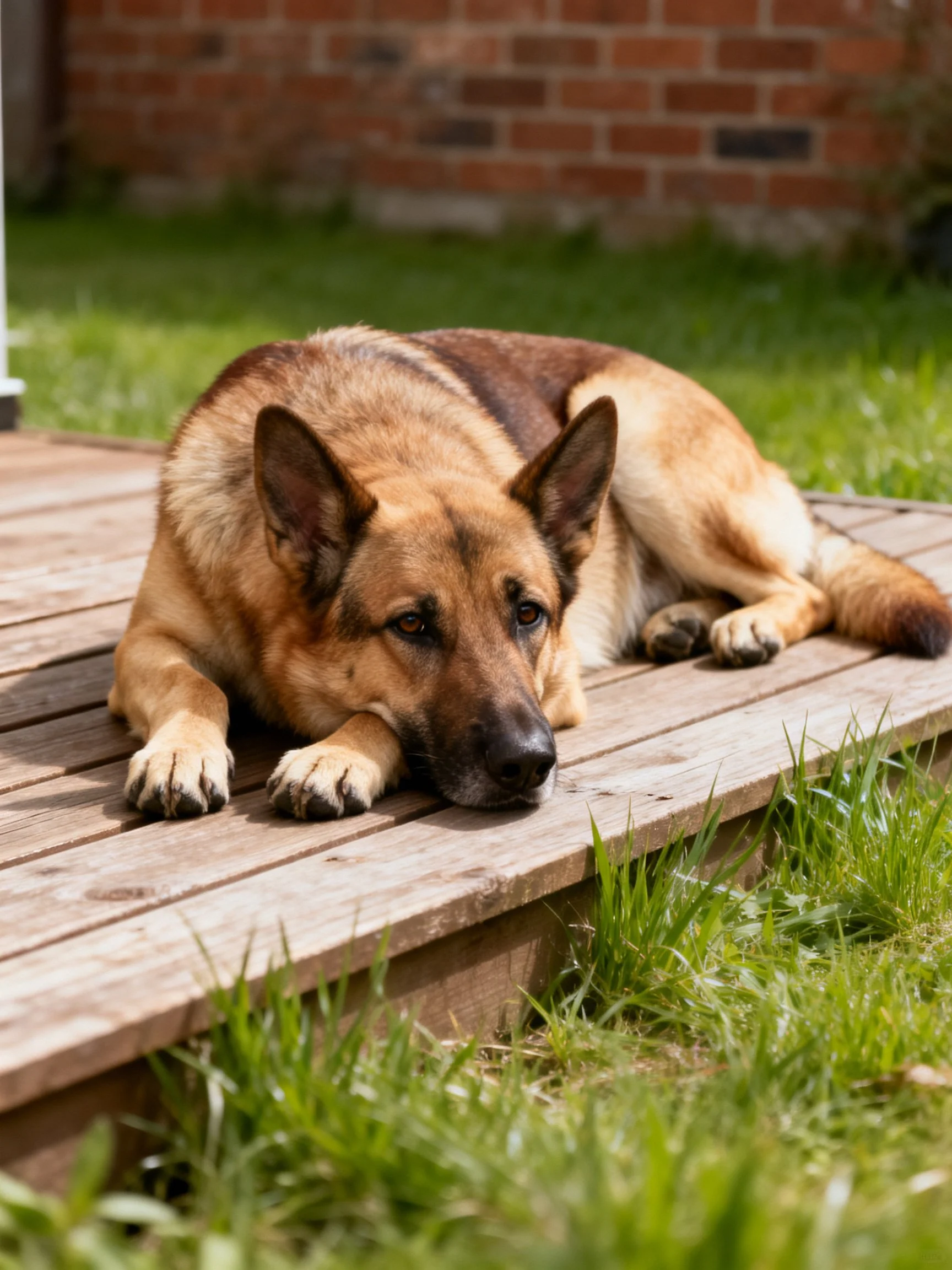 A German Shepherd relaxes on a weathered wooden deck by a brick wall
