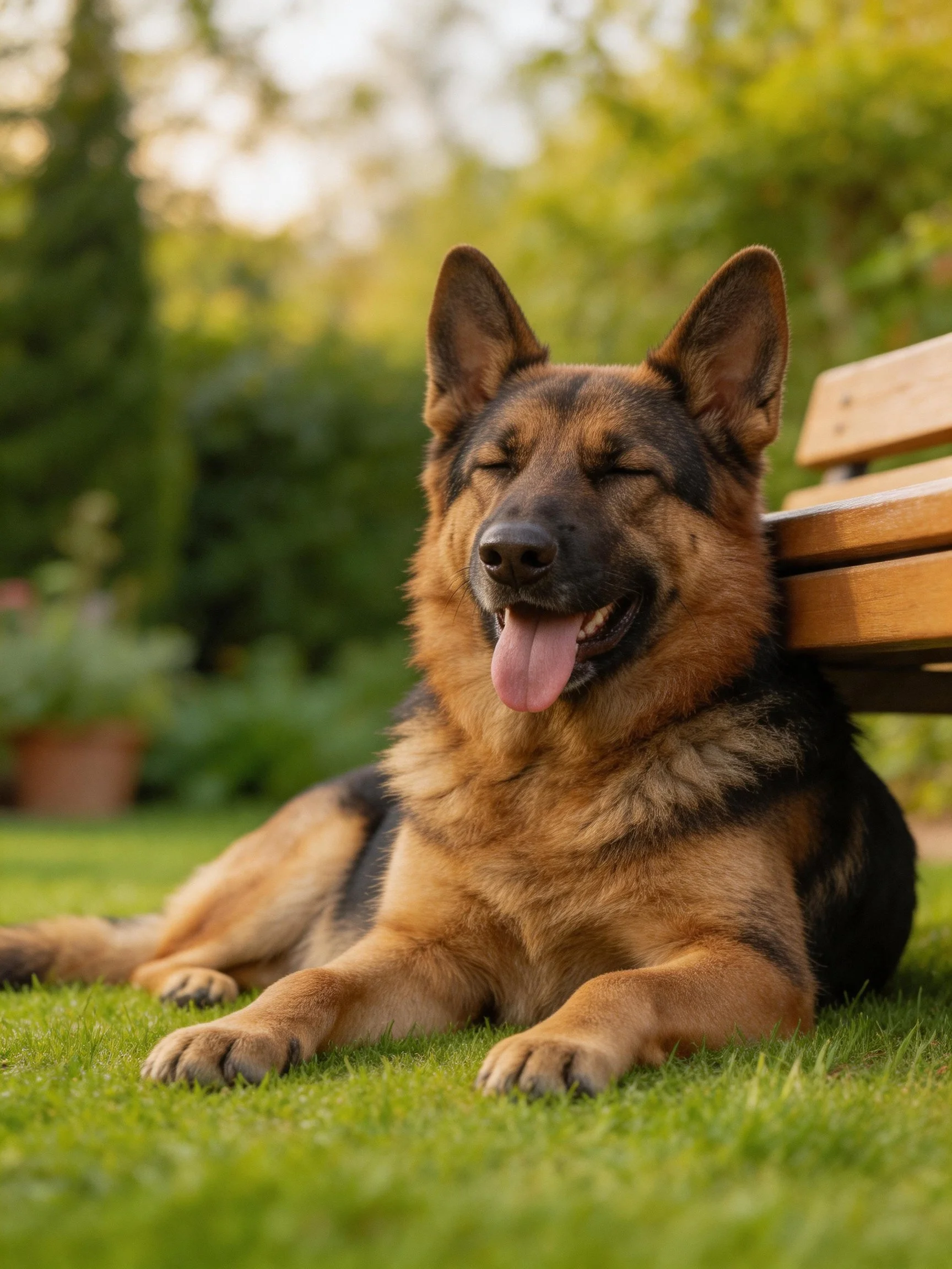 A German Shepherd relaxes on green grass near a wooden bench