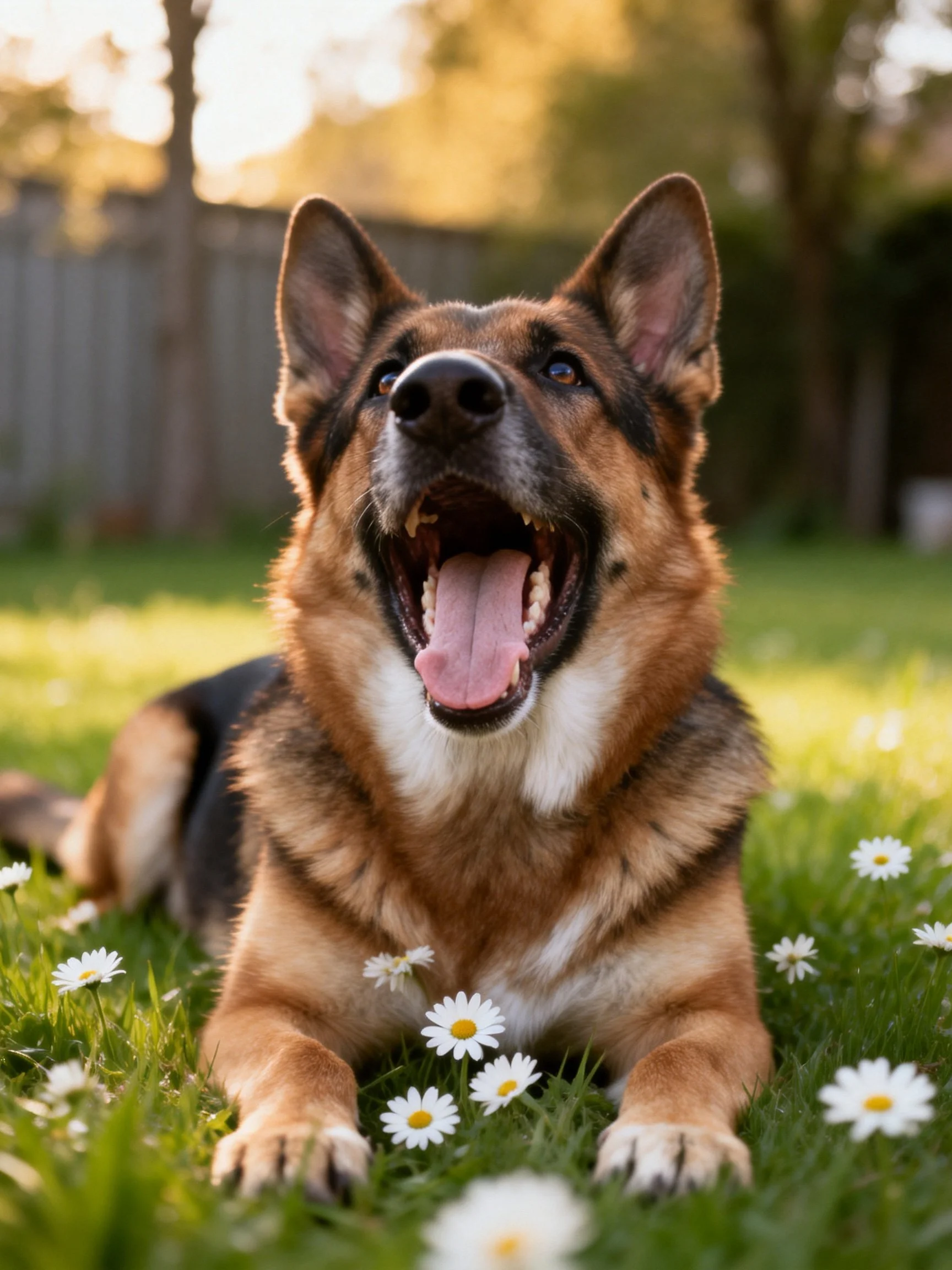 A German Shepherd relaxes among daisies in a sunlit backyard.