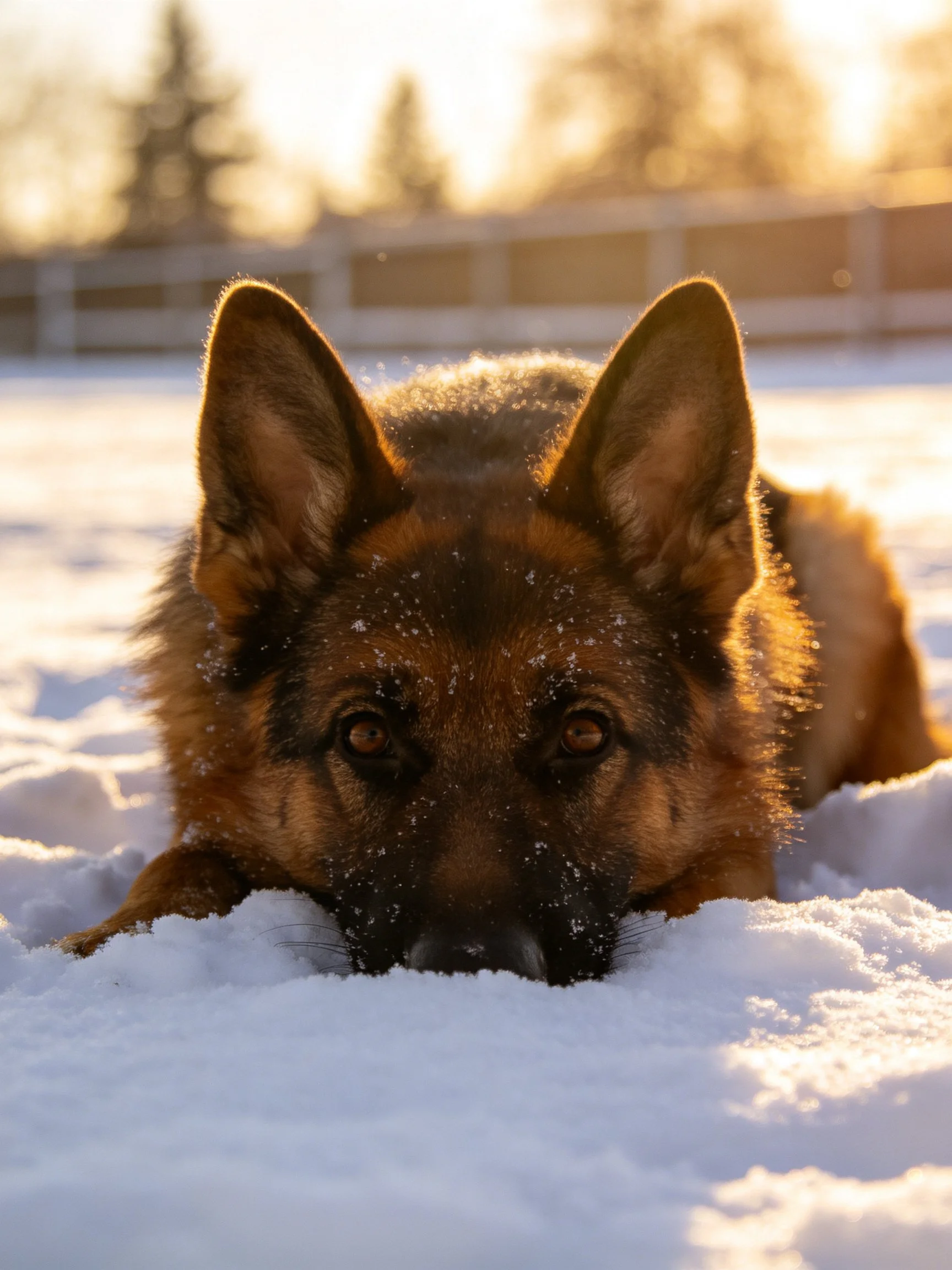 A German Shepherd lies in snow, illuminated by warm sunlight.
