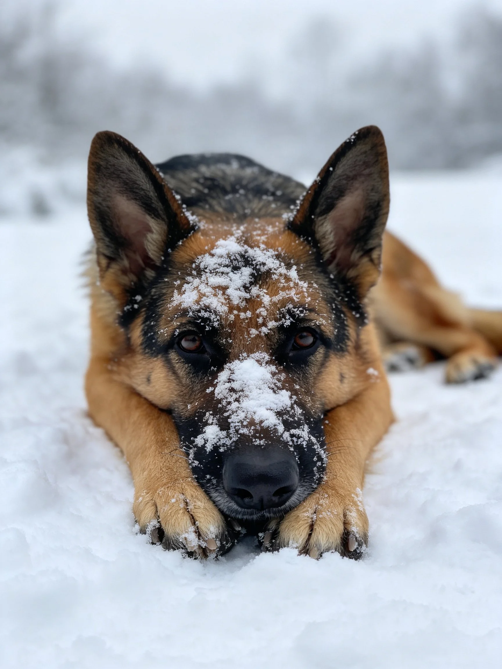 A German Shepherd lies in the snow with snow on its face