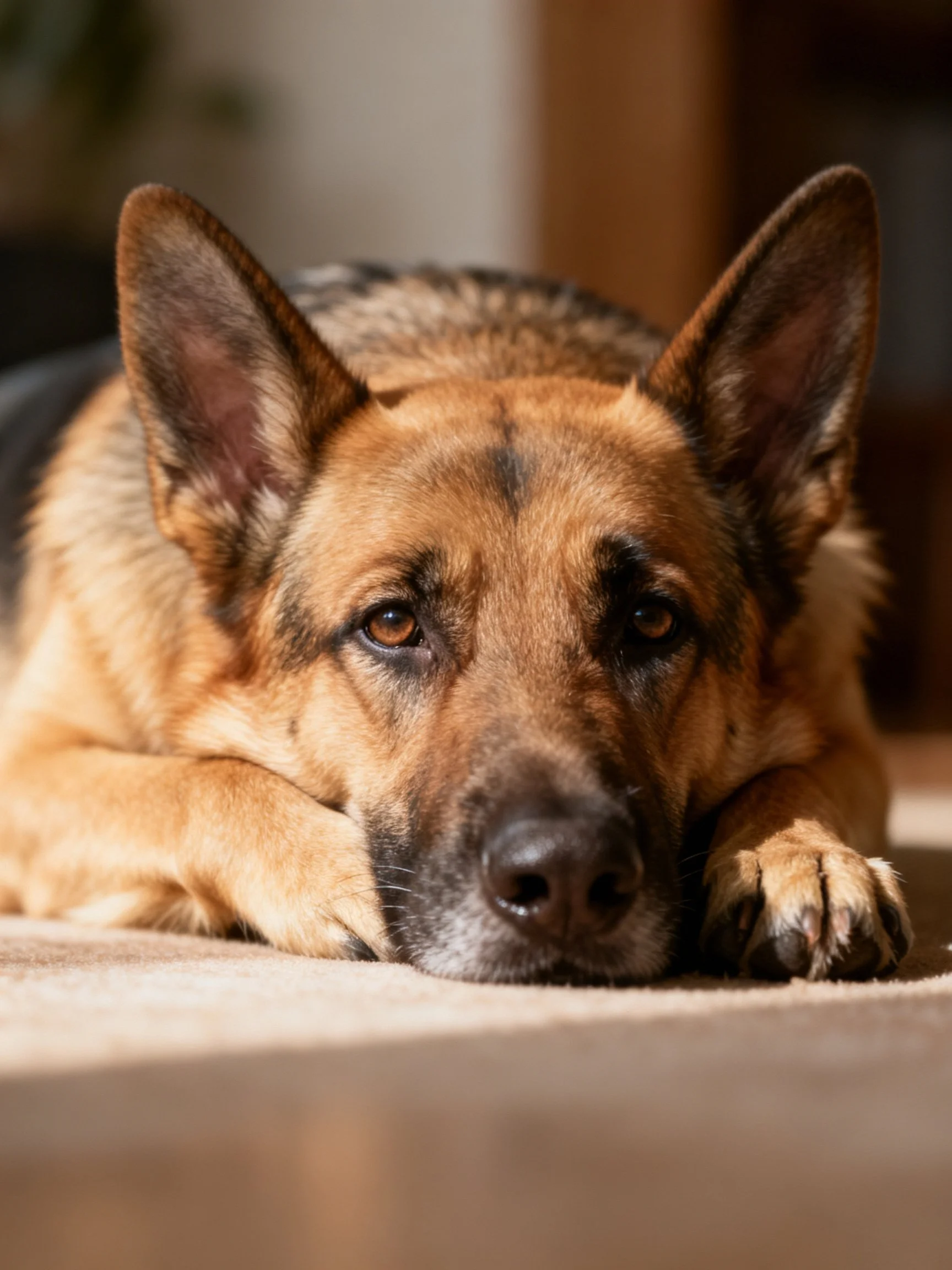 A German Shepherd rests calmly with its head on its paws.