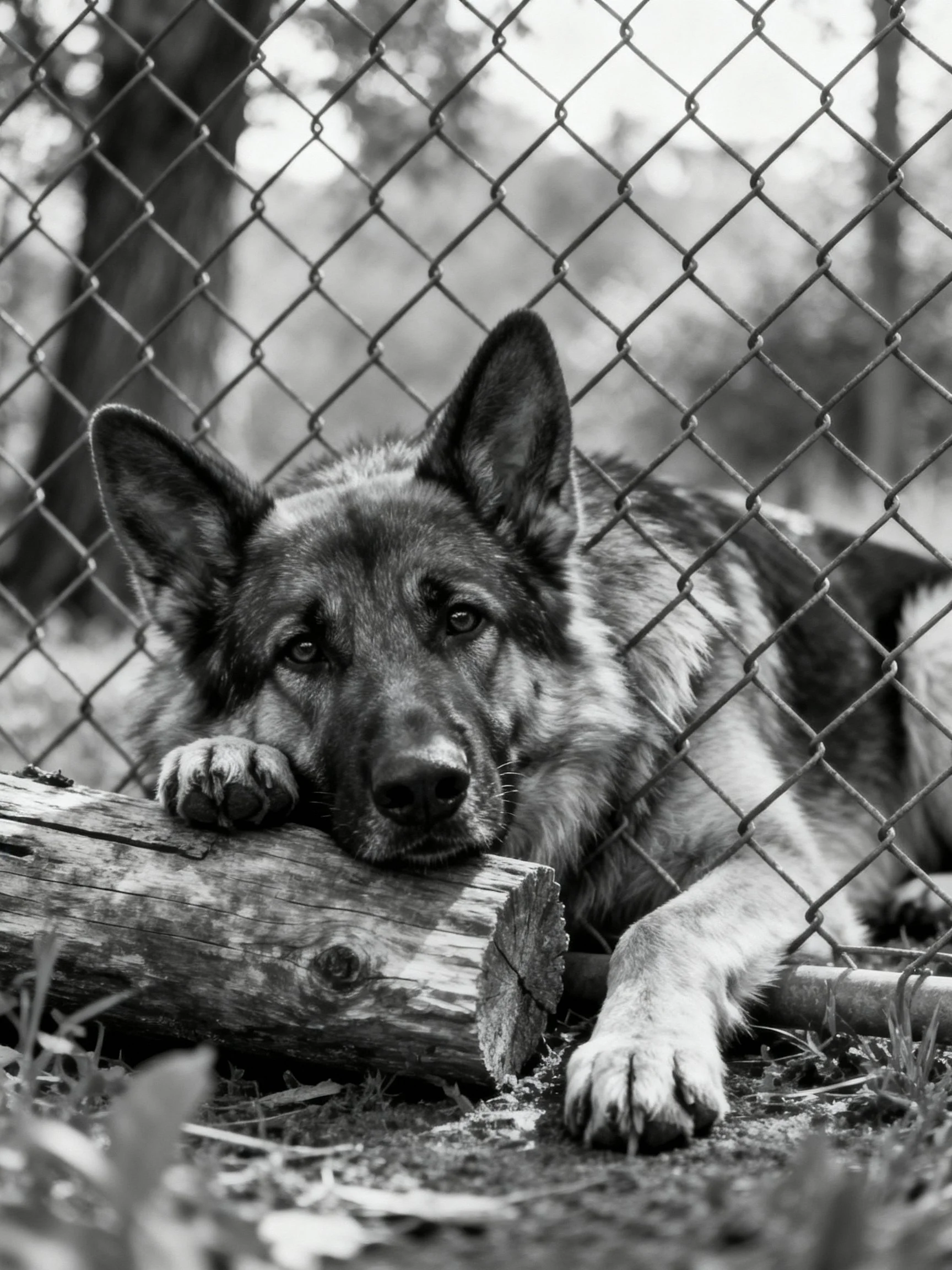 A German Shepherd rests against a chain-link fence beside a weathered log