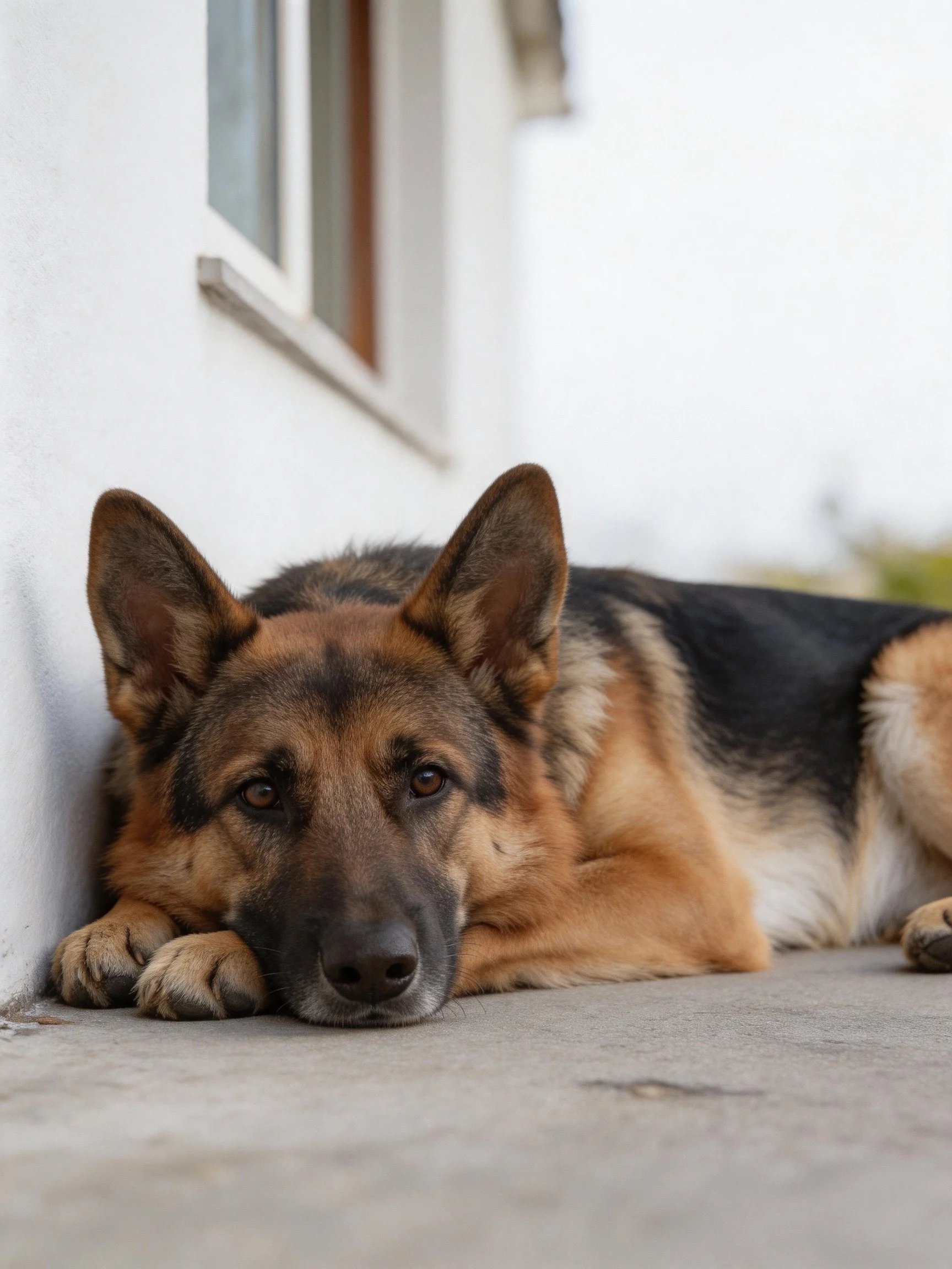 A German Shepherd rests against a white wall ona concrete surface.