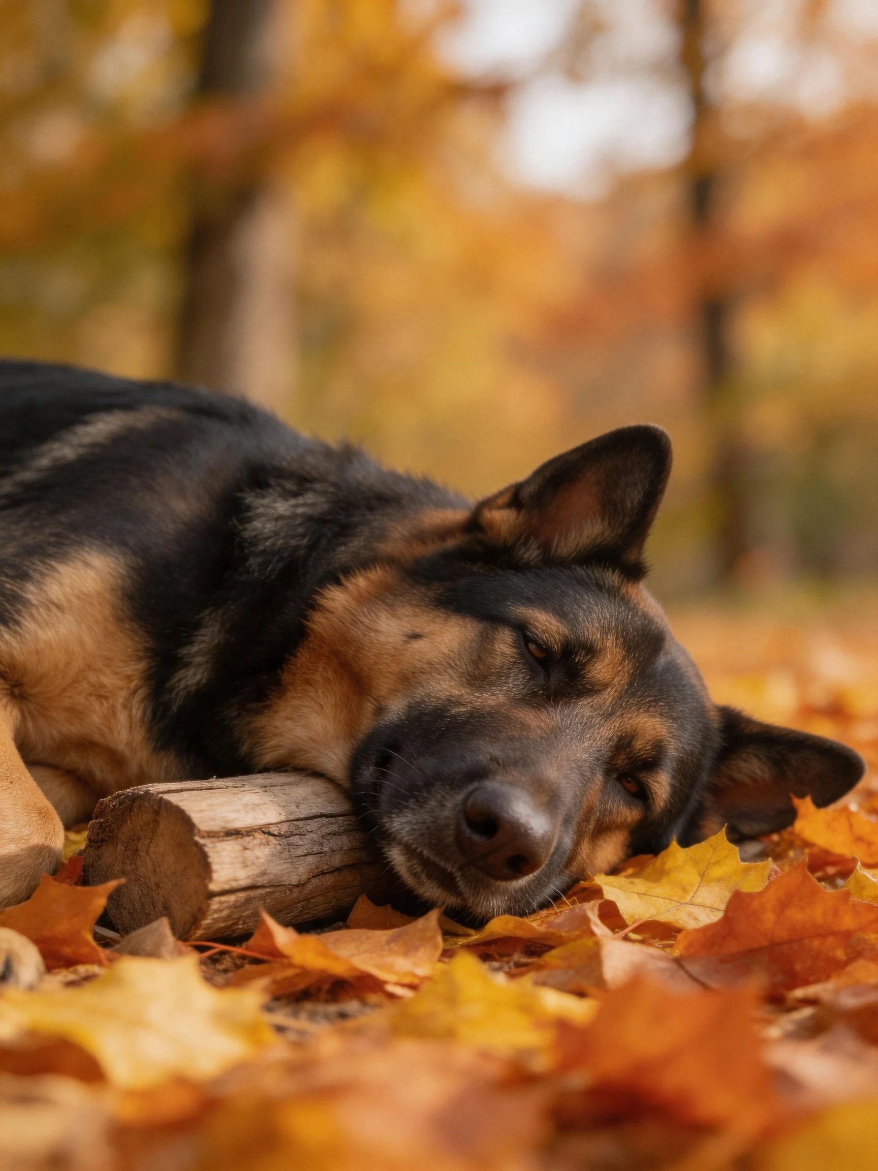 A German Shepherd relaxes among fallen autumn leaves near a wooden log