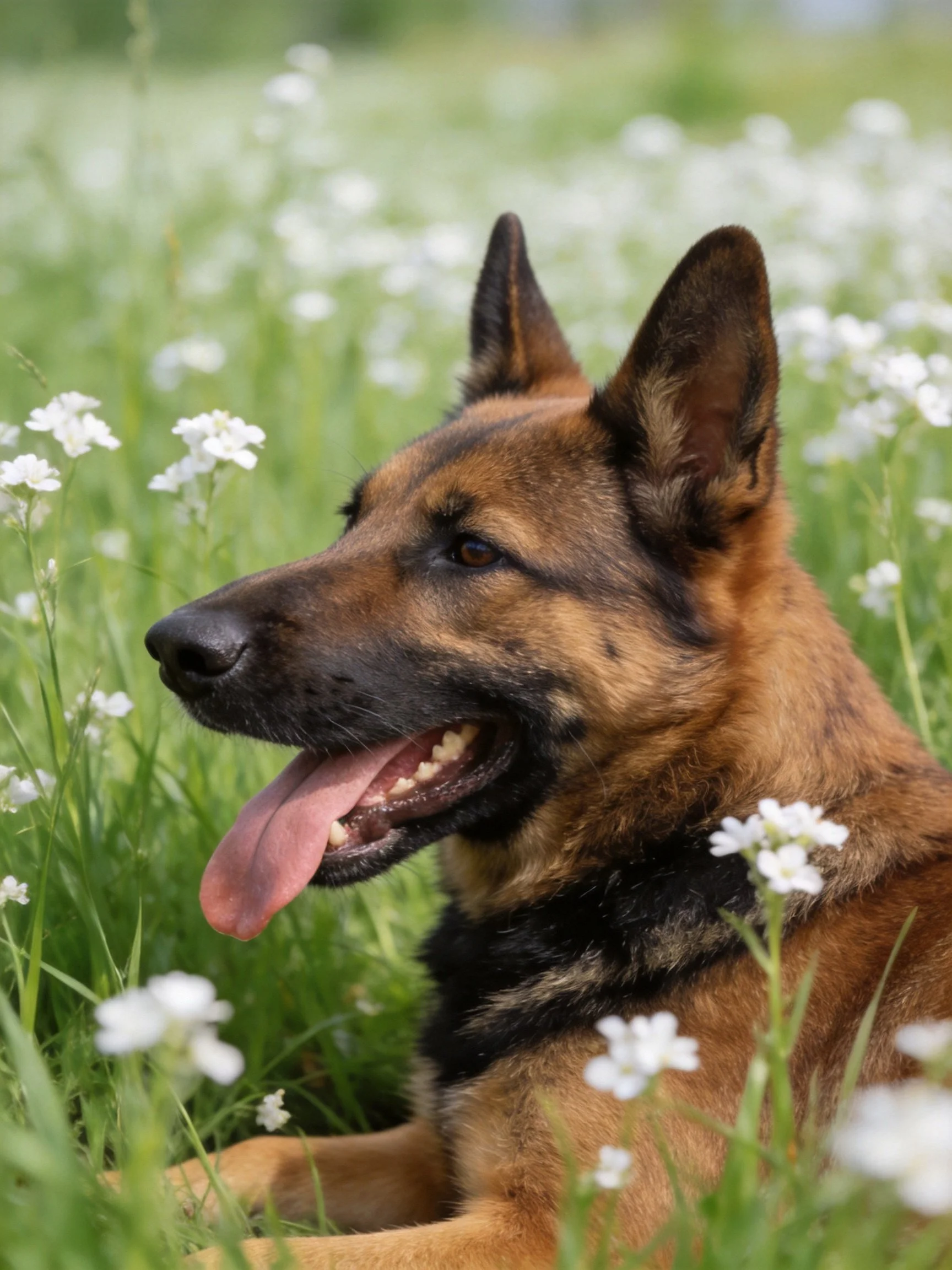A German Shepherd relaxes in a meadow with tall grass and white flowers.