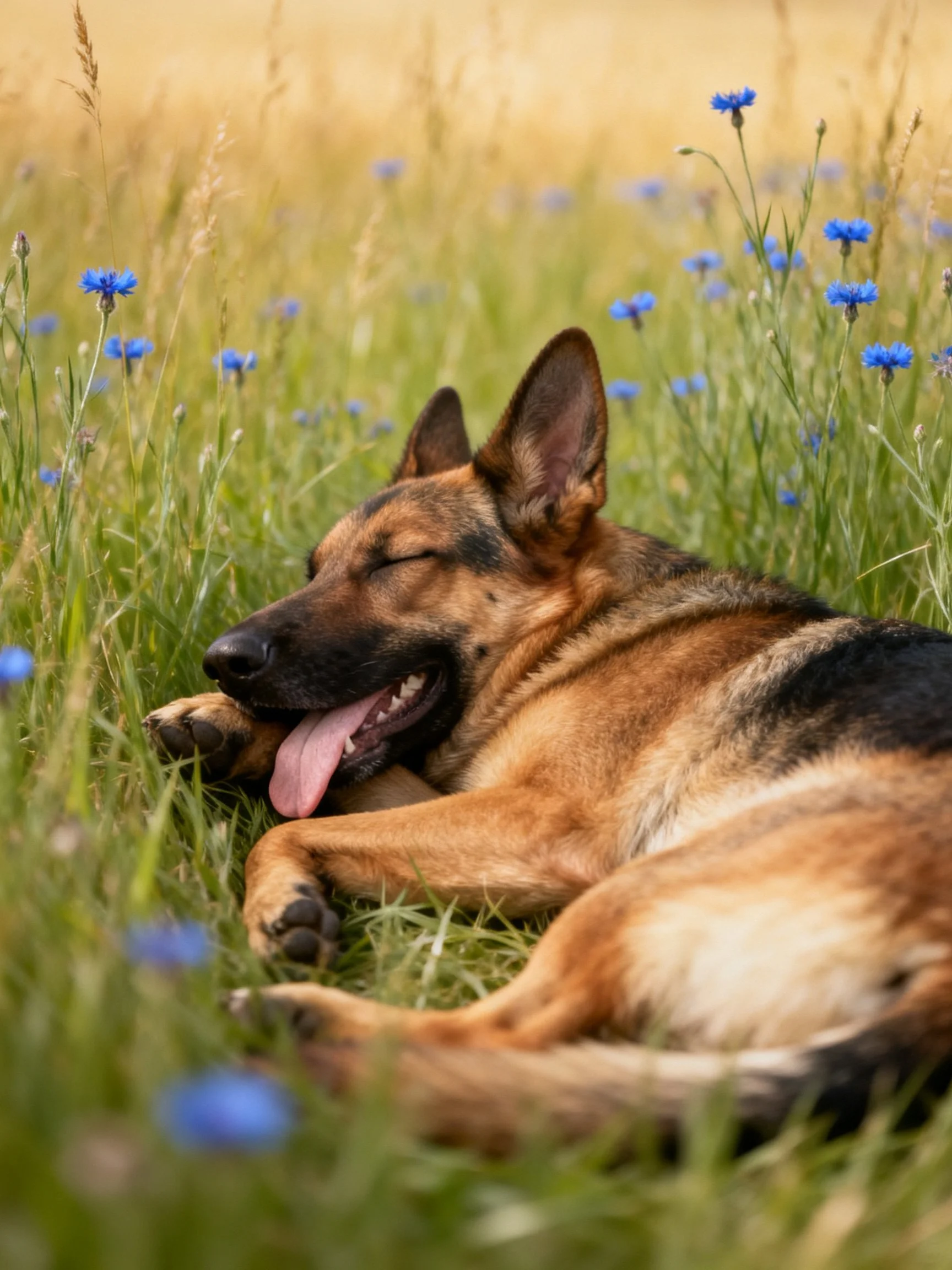 A German Shepherd rests amid tall green grass and blue wildflowers