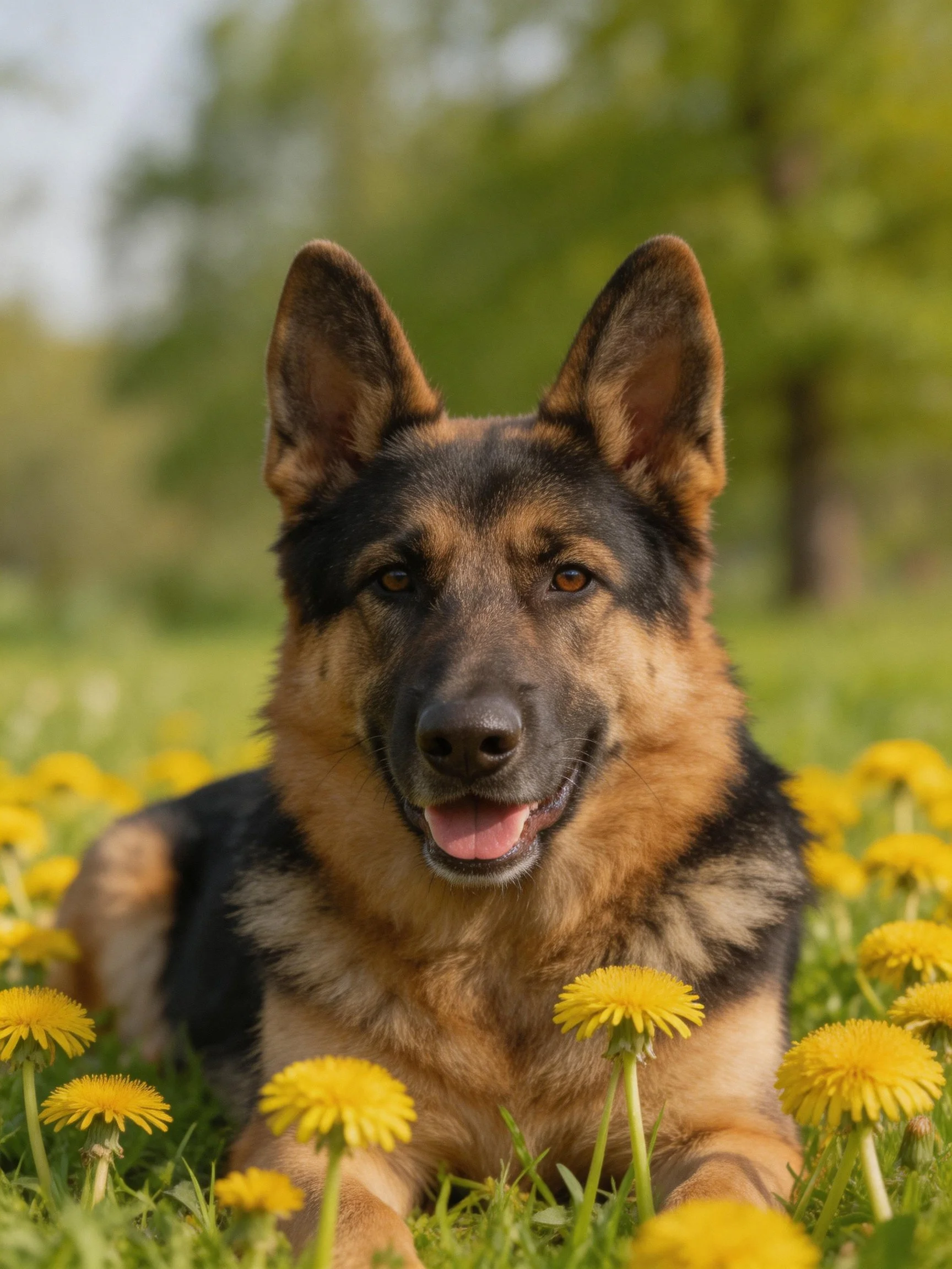 A German Shepherd lies contentedly among yellow dandelions in an outdoor meadow.