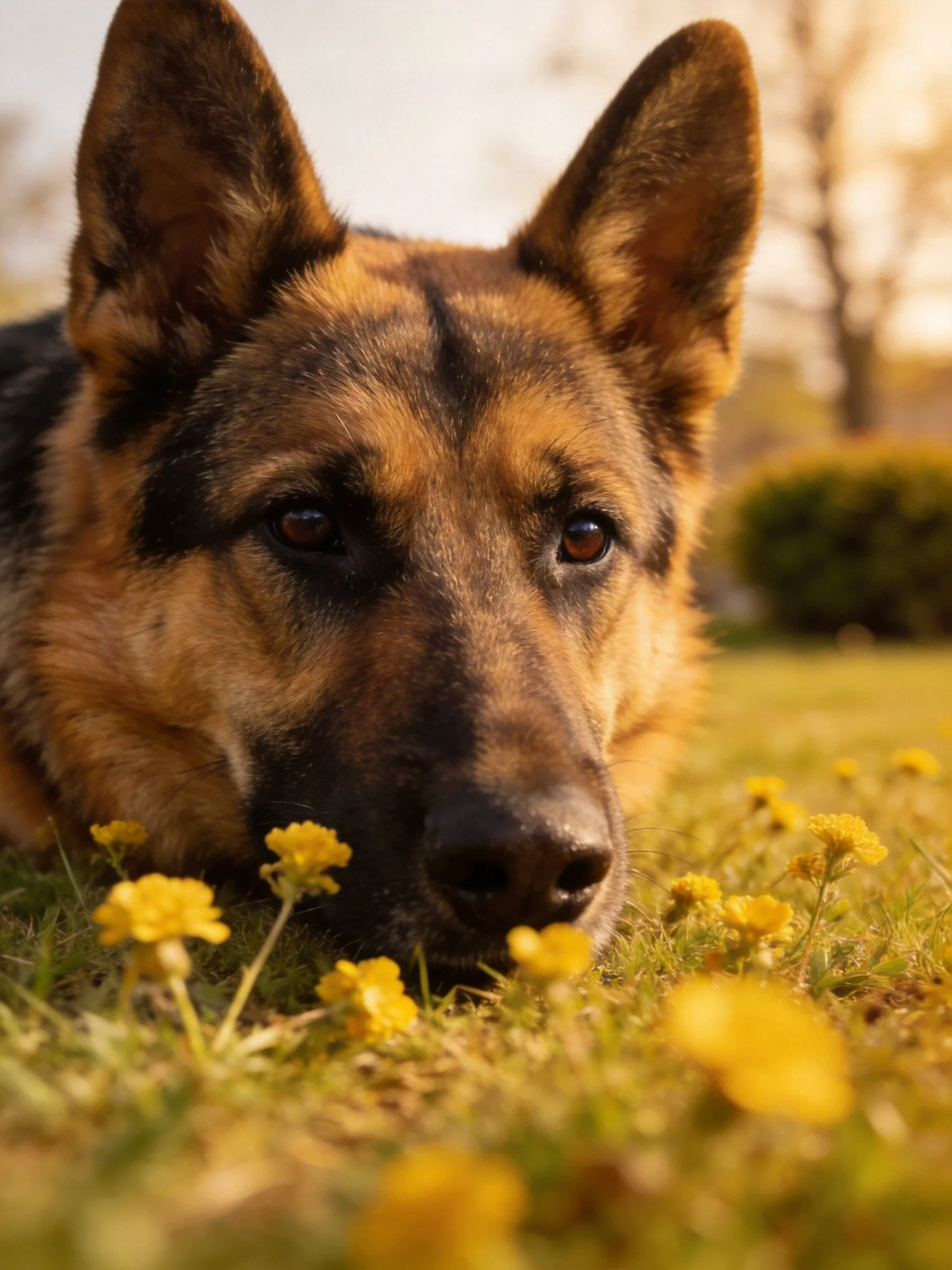 A German Shepherd relaxes among yellow flowers in a sunlit field.