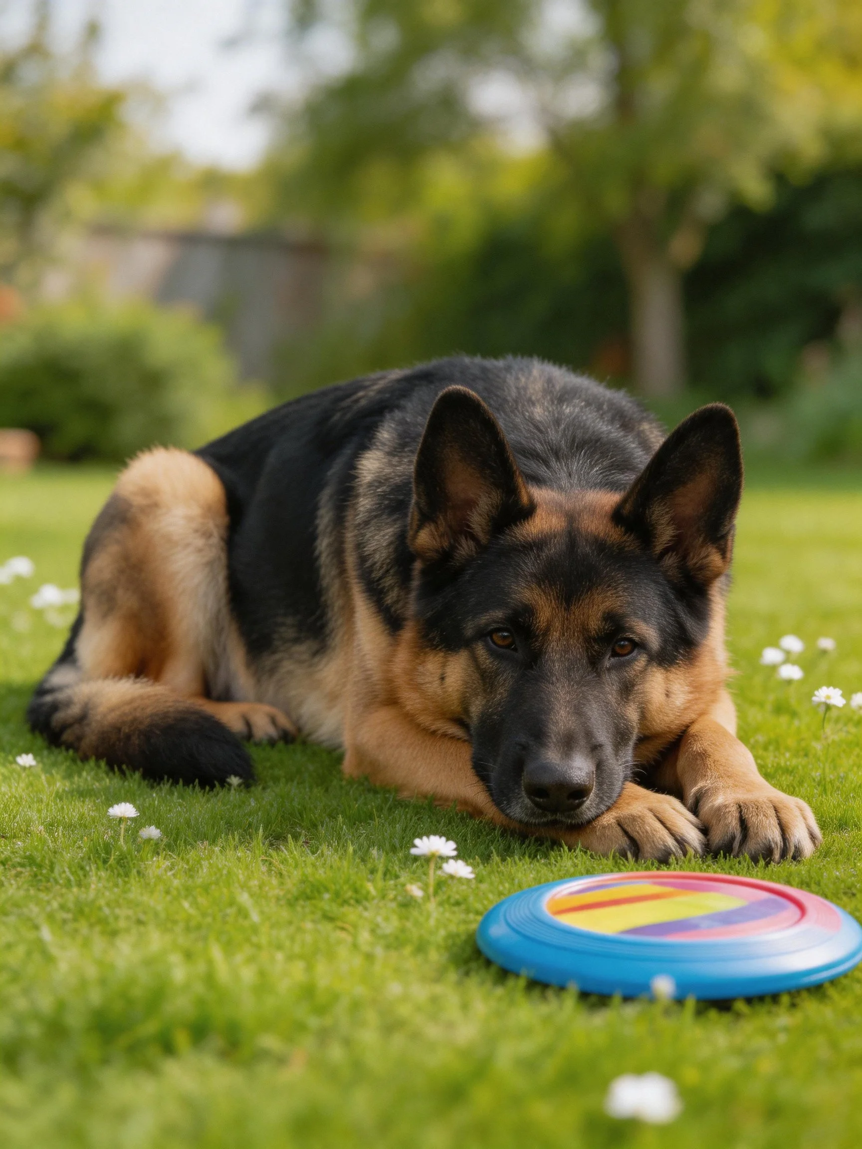 A German Shepherd relaxes near a colorful frisbee in a sunny garden.