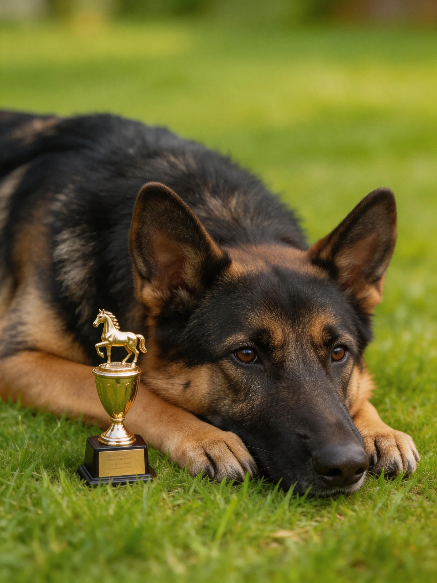 A German Shepherd lies near a small golden horse trophy on grass.