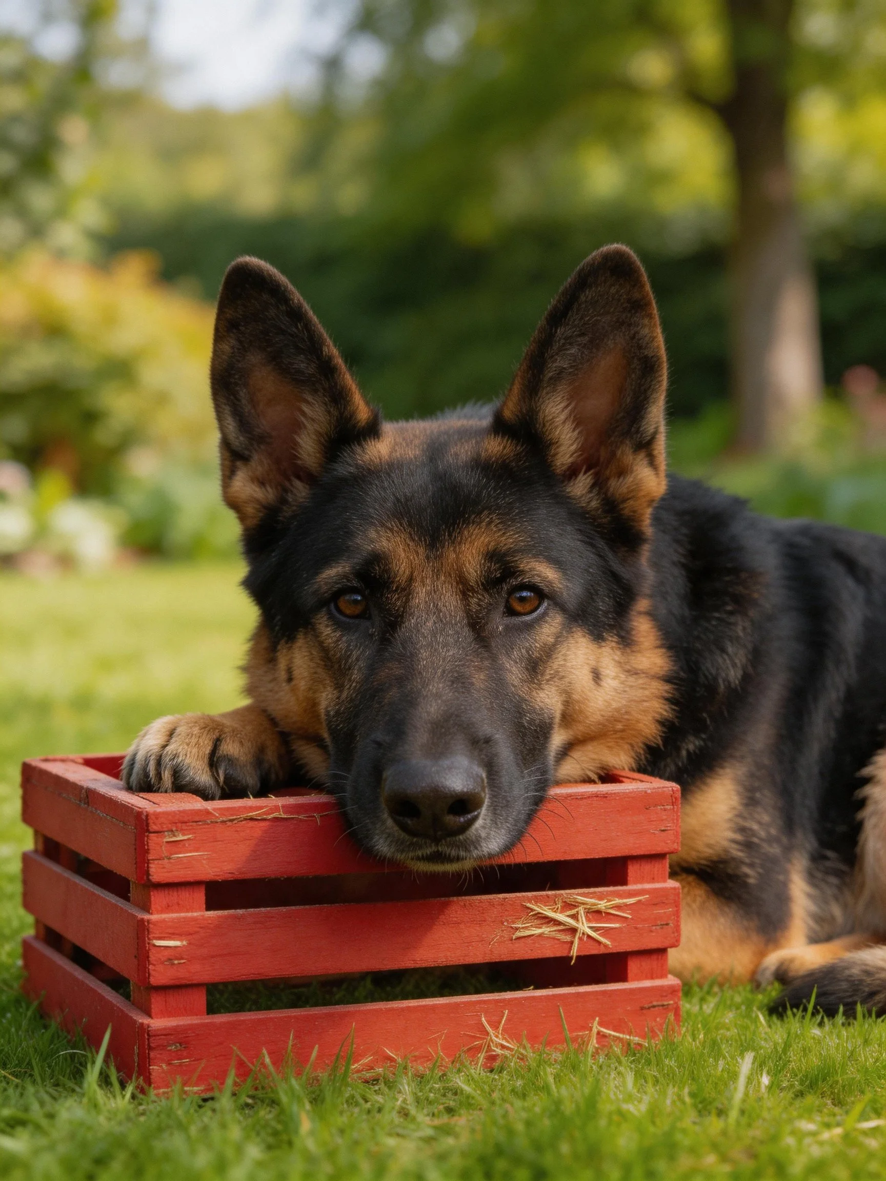 A German Shepherd rests its head on a small red wooden crate in an outdoor setting.