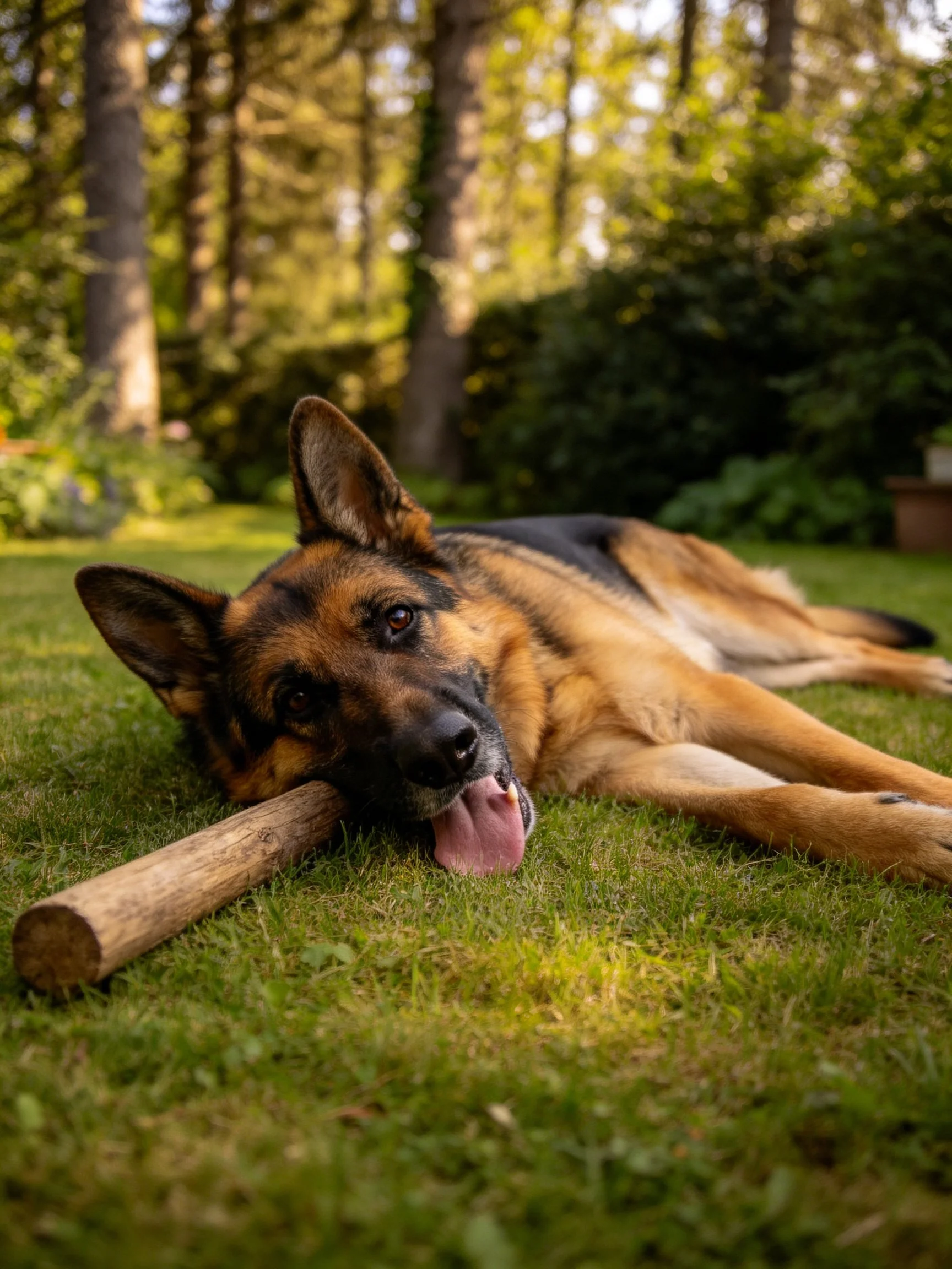 A German Shepherd relaxes near a wooden stick in a sunlit outdoor area.