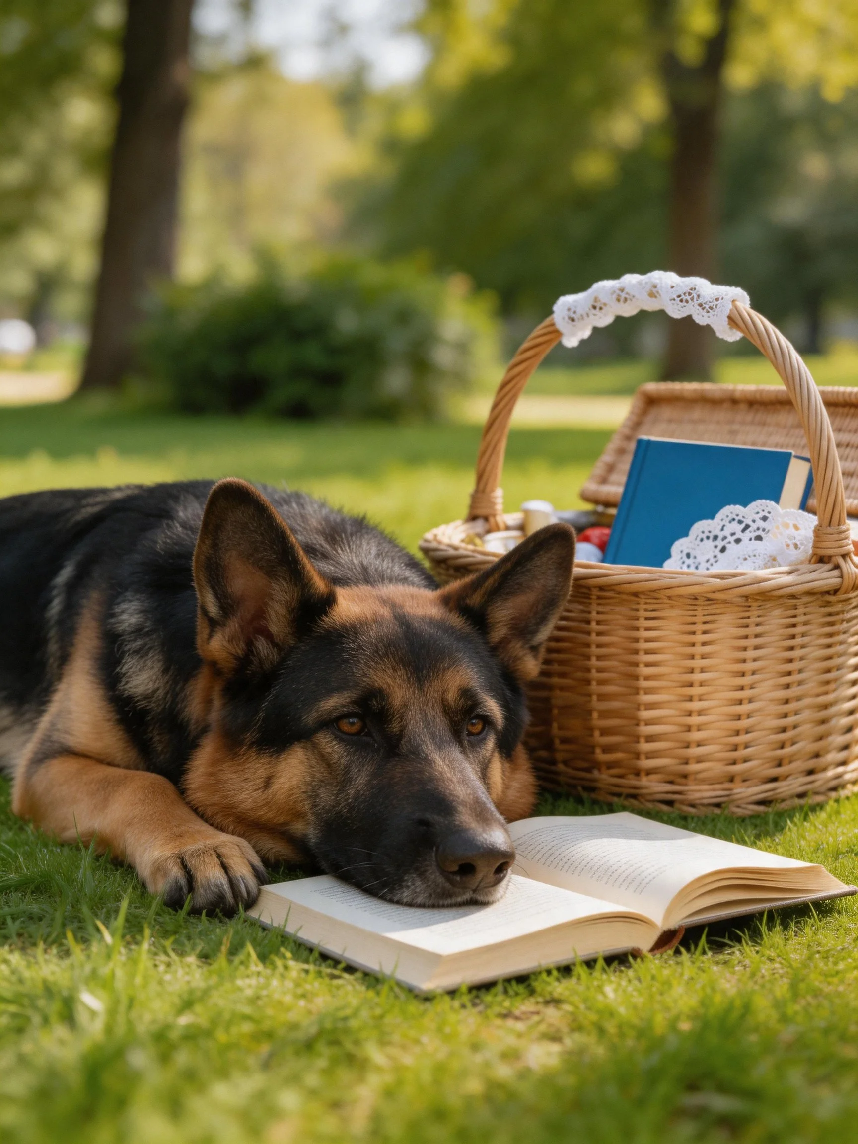 A German Shepherd relaxes beside an open book with a wicker basket in a sunlit park.