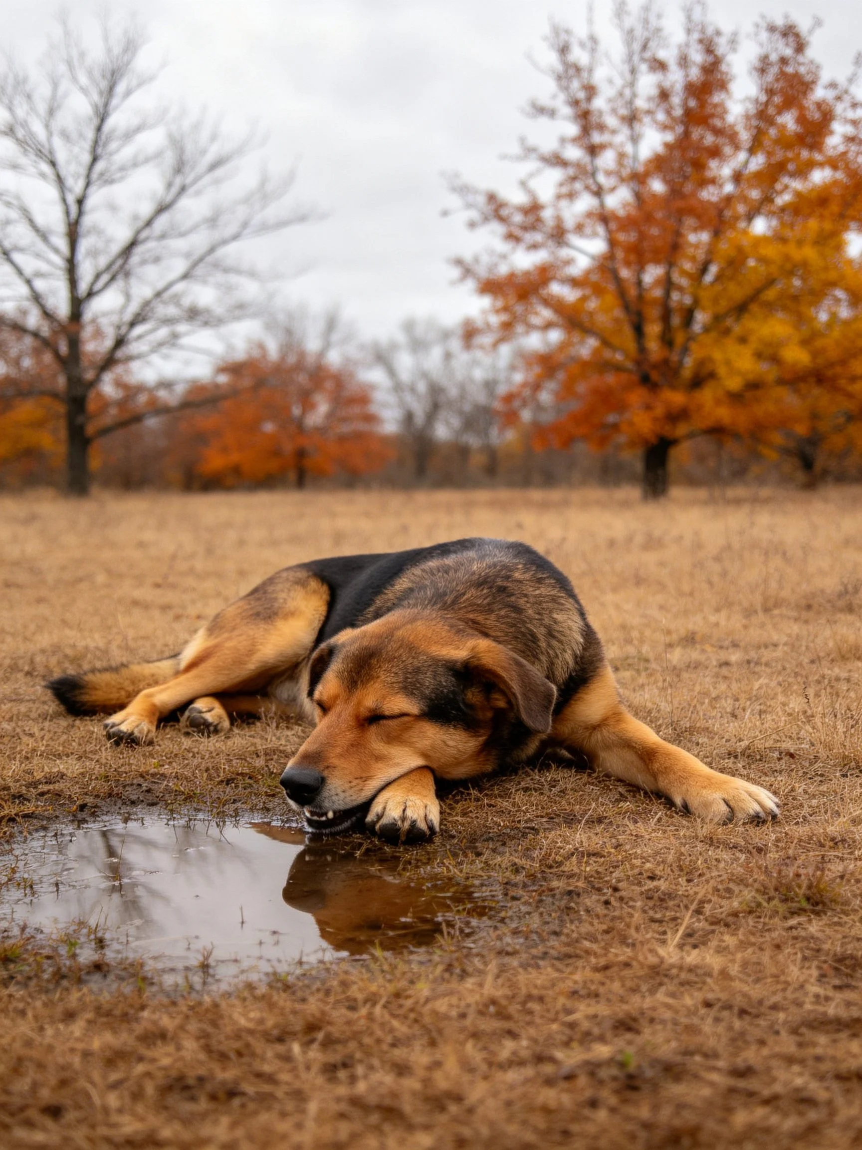 A German Shepherd rests by a puddle in an autumn field
