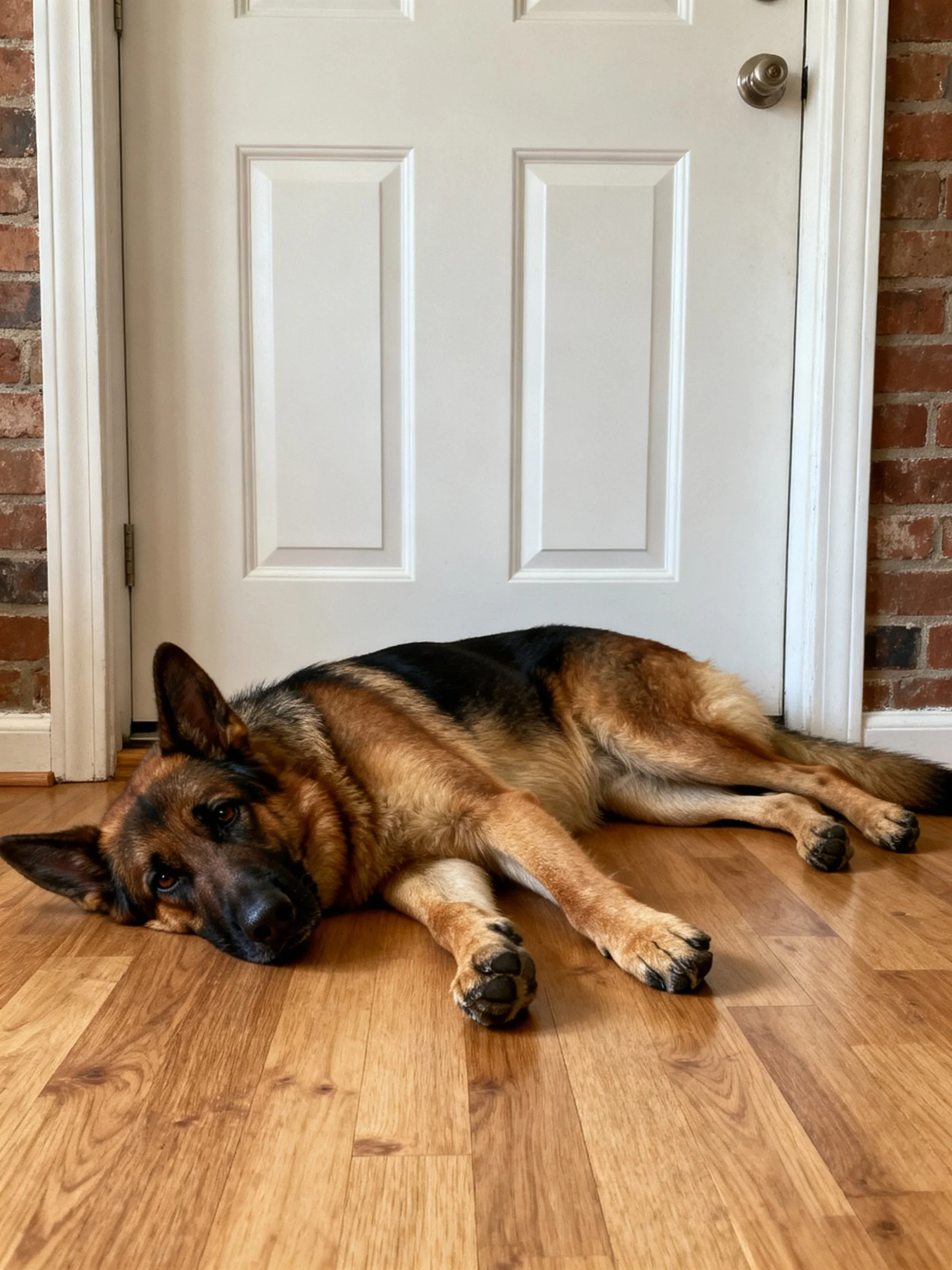 A German Shepherd relaxes beside a white paneled door.