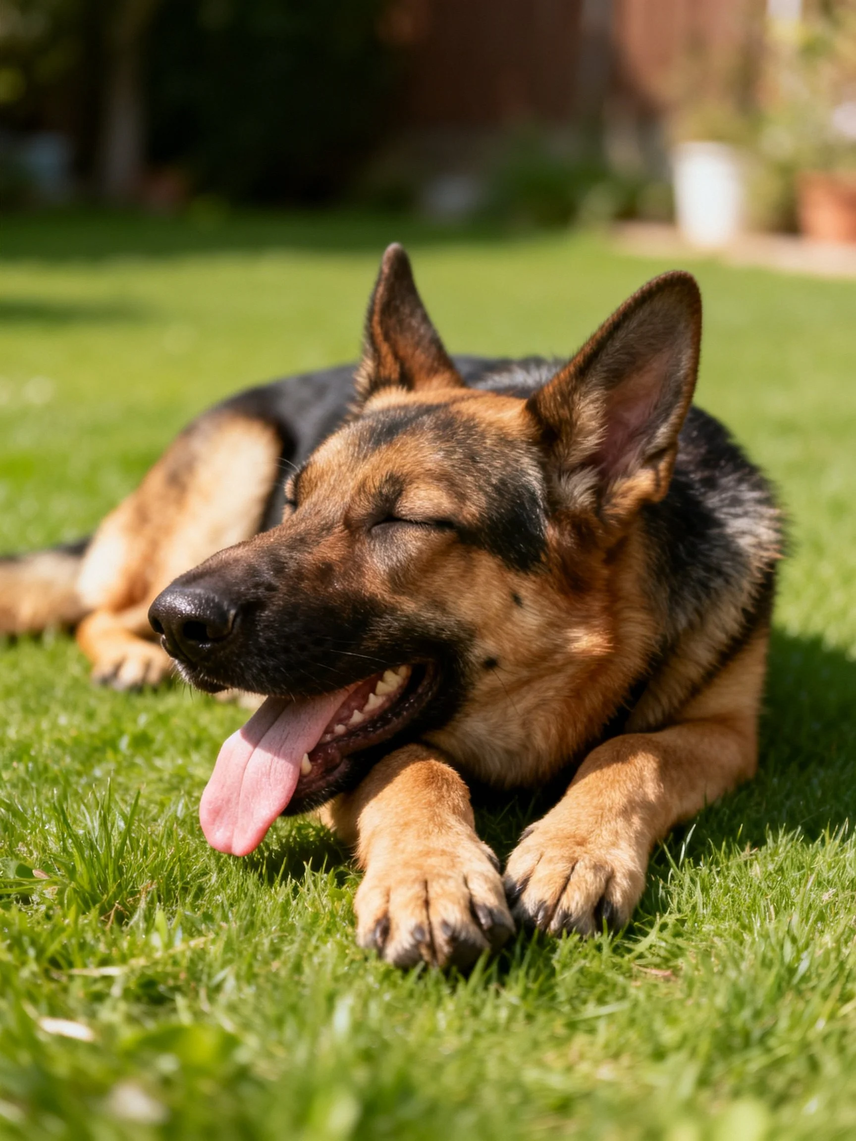 A German Shepherd rests contentedly on lush green grass