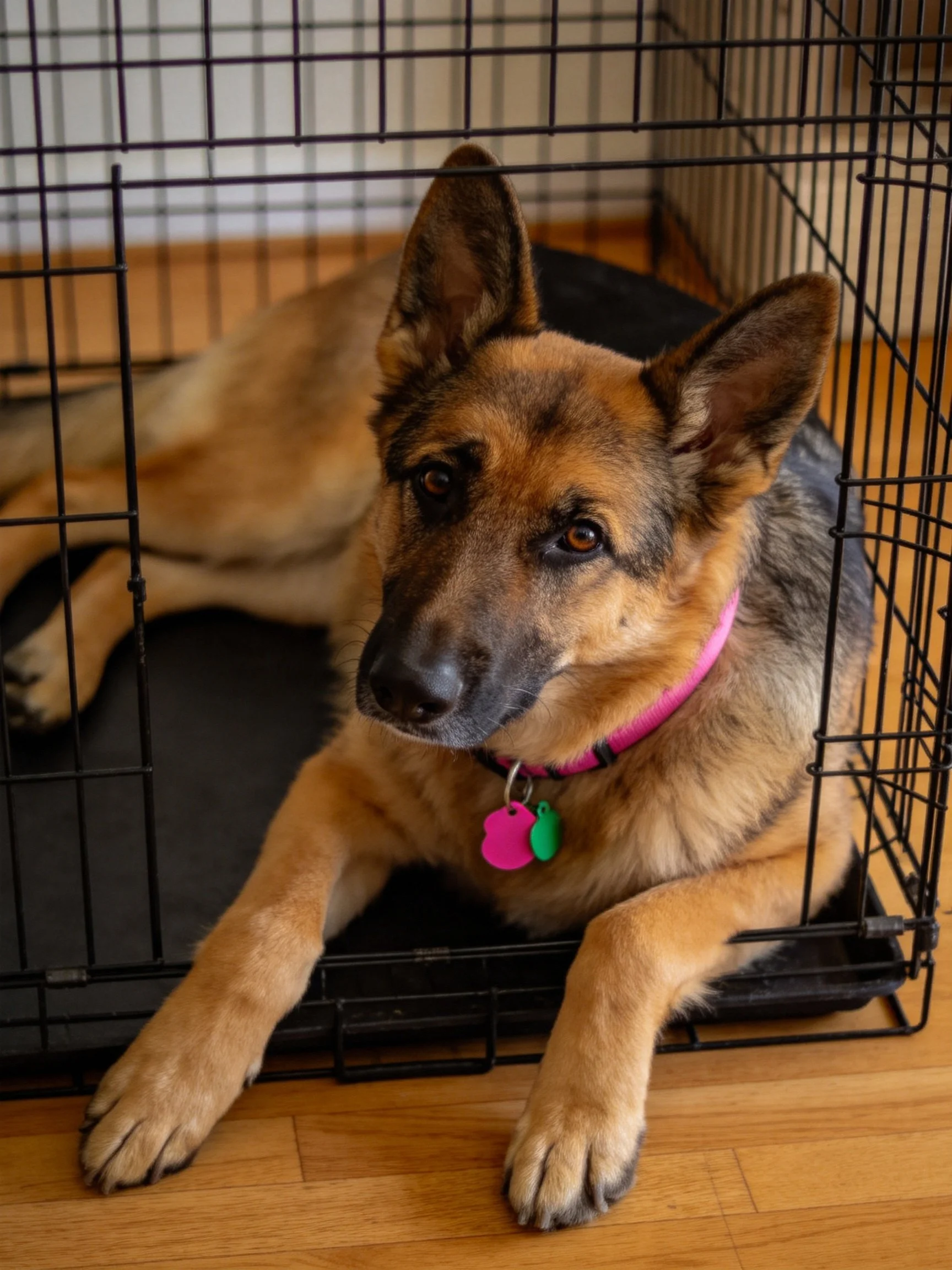 A German Shepherd relaxes in a black metal crate.