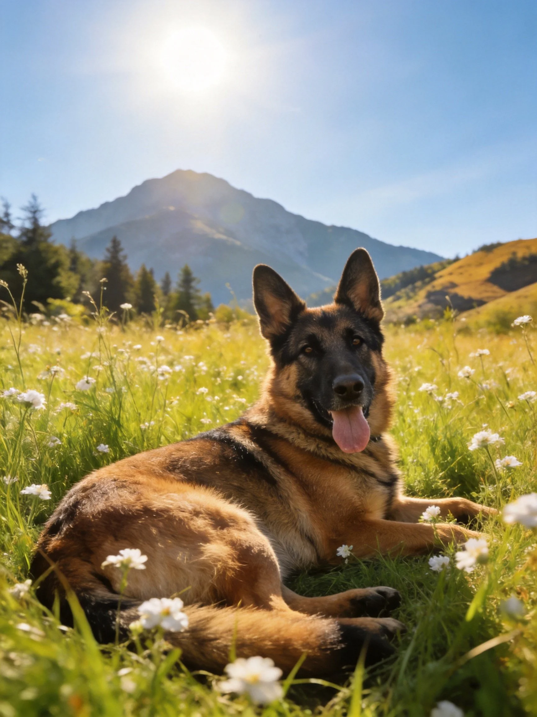 A German Shepherd relaxes in a sunlit meadow with wildflowers and mountains