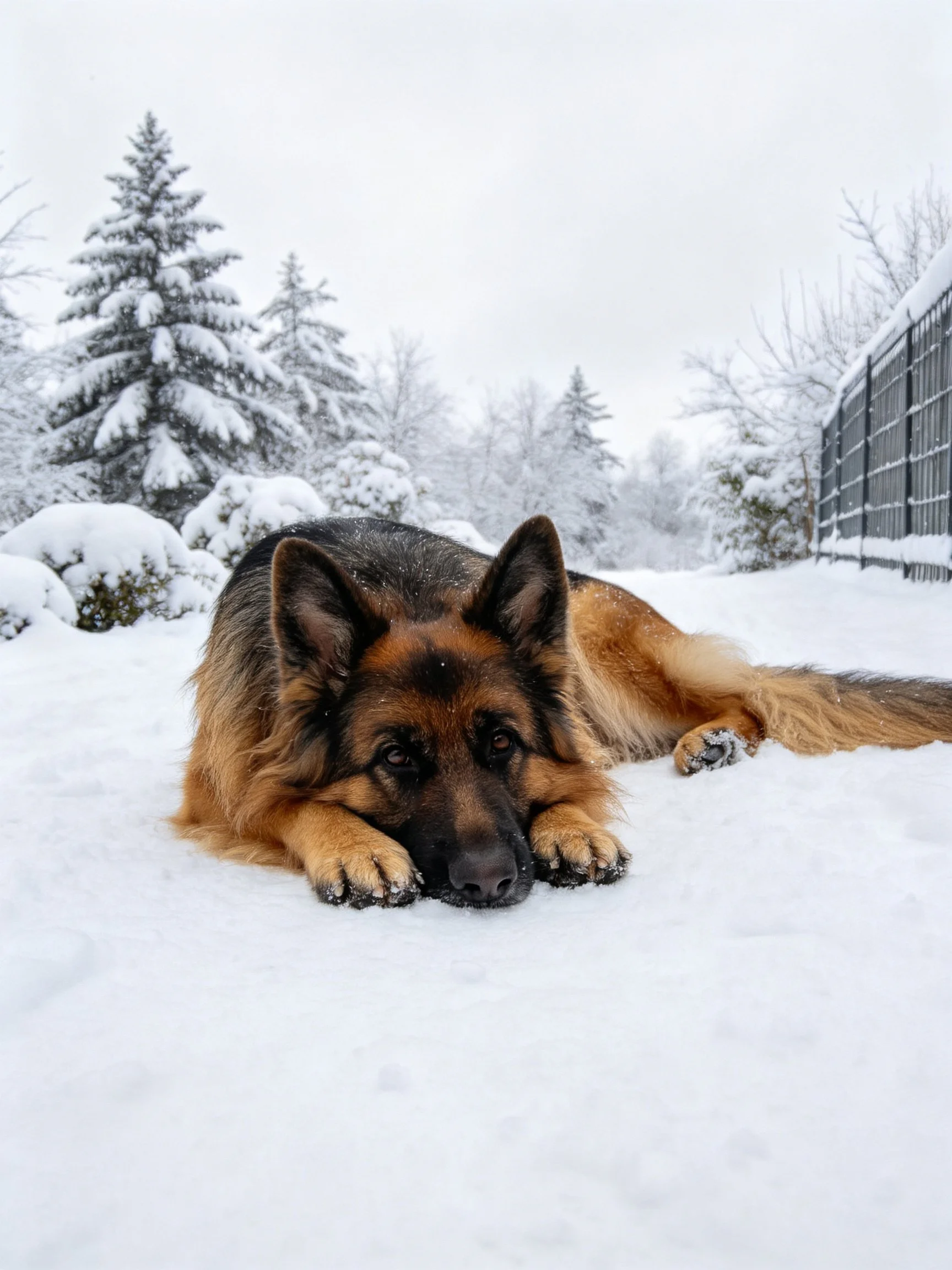 A German Shepherd rests in a snowy landscape with snow-covered trees