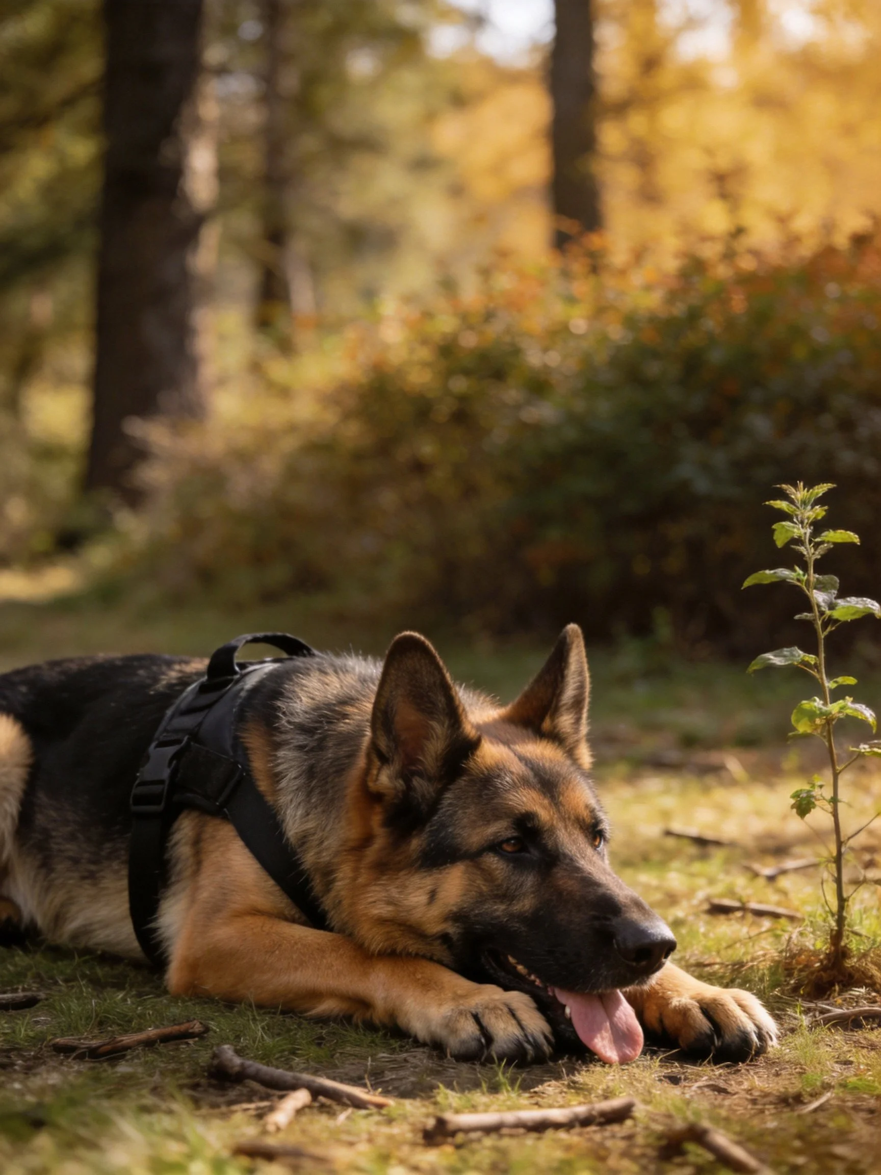 A German Shepherd rests in a sun-dappled forest clearing