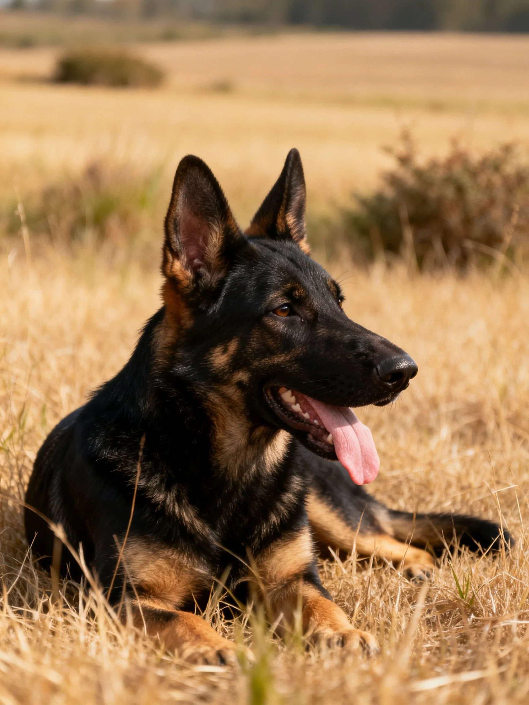 A German Shepherd rests in a sunlit golden grassy field