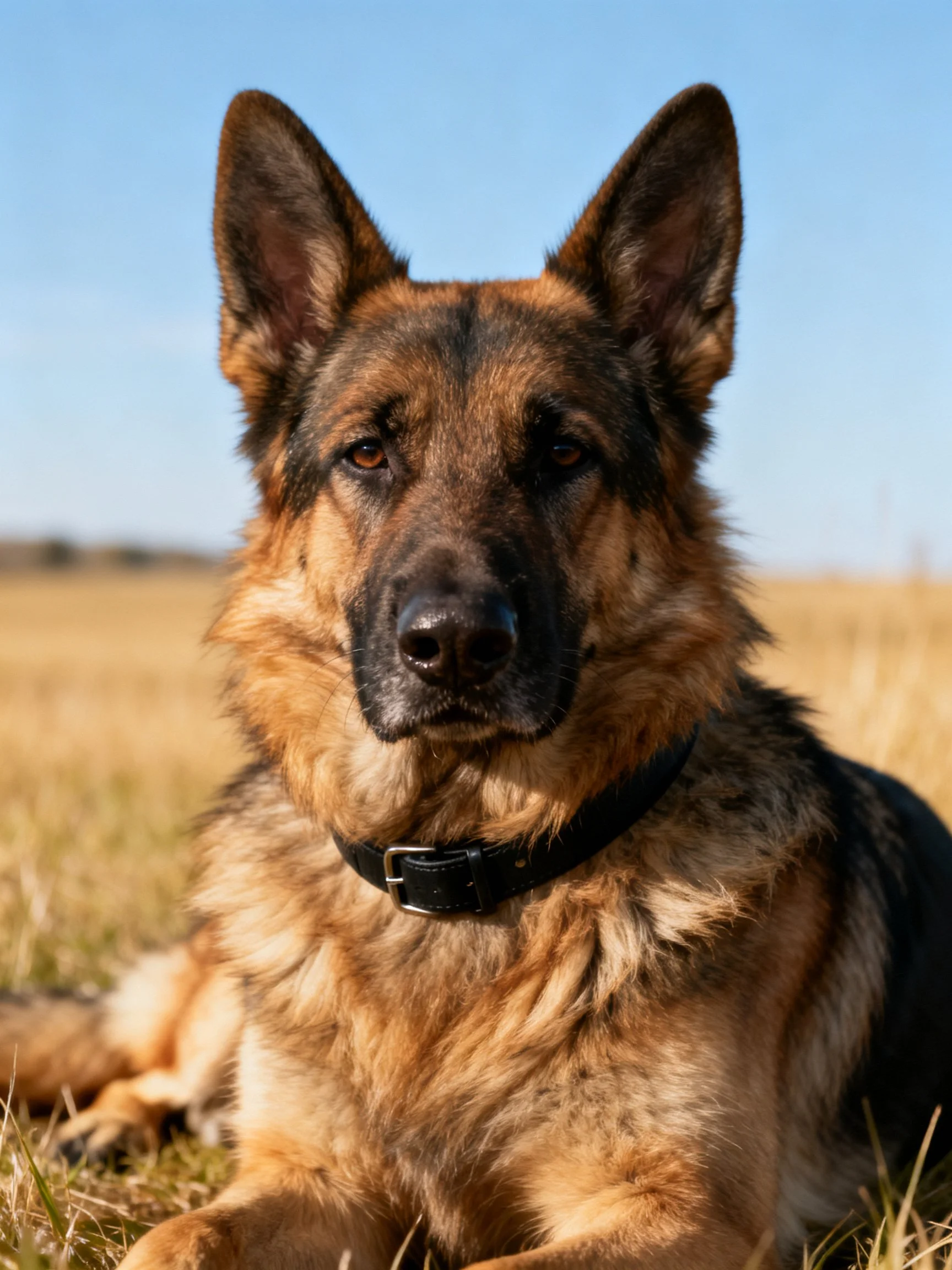 A German Shepherd sits calmly in a sunlit field with golden grass.