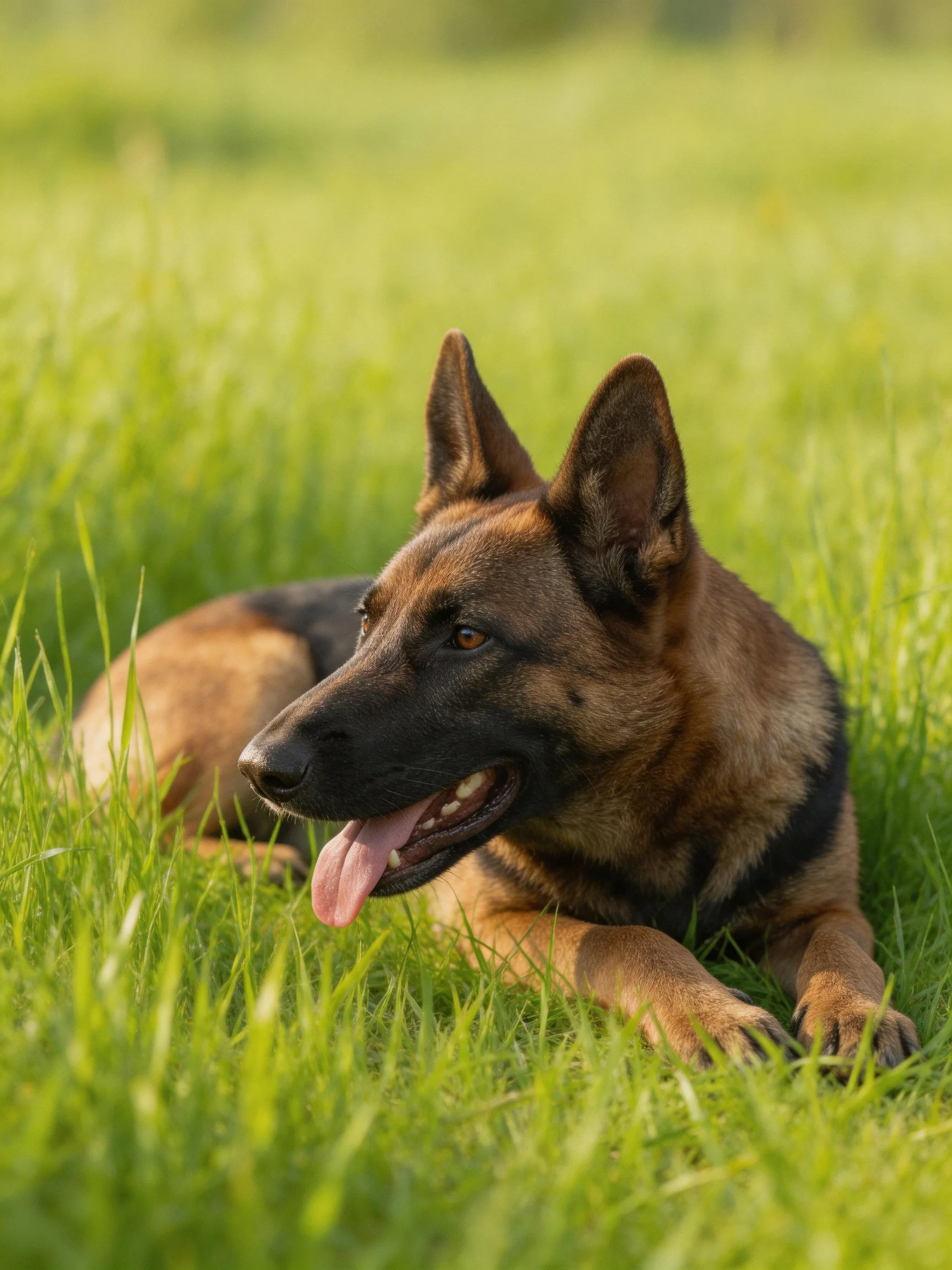 A German Shepherd relaxes in sunlit green grass