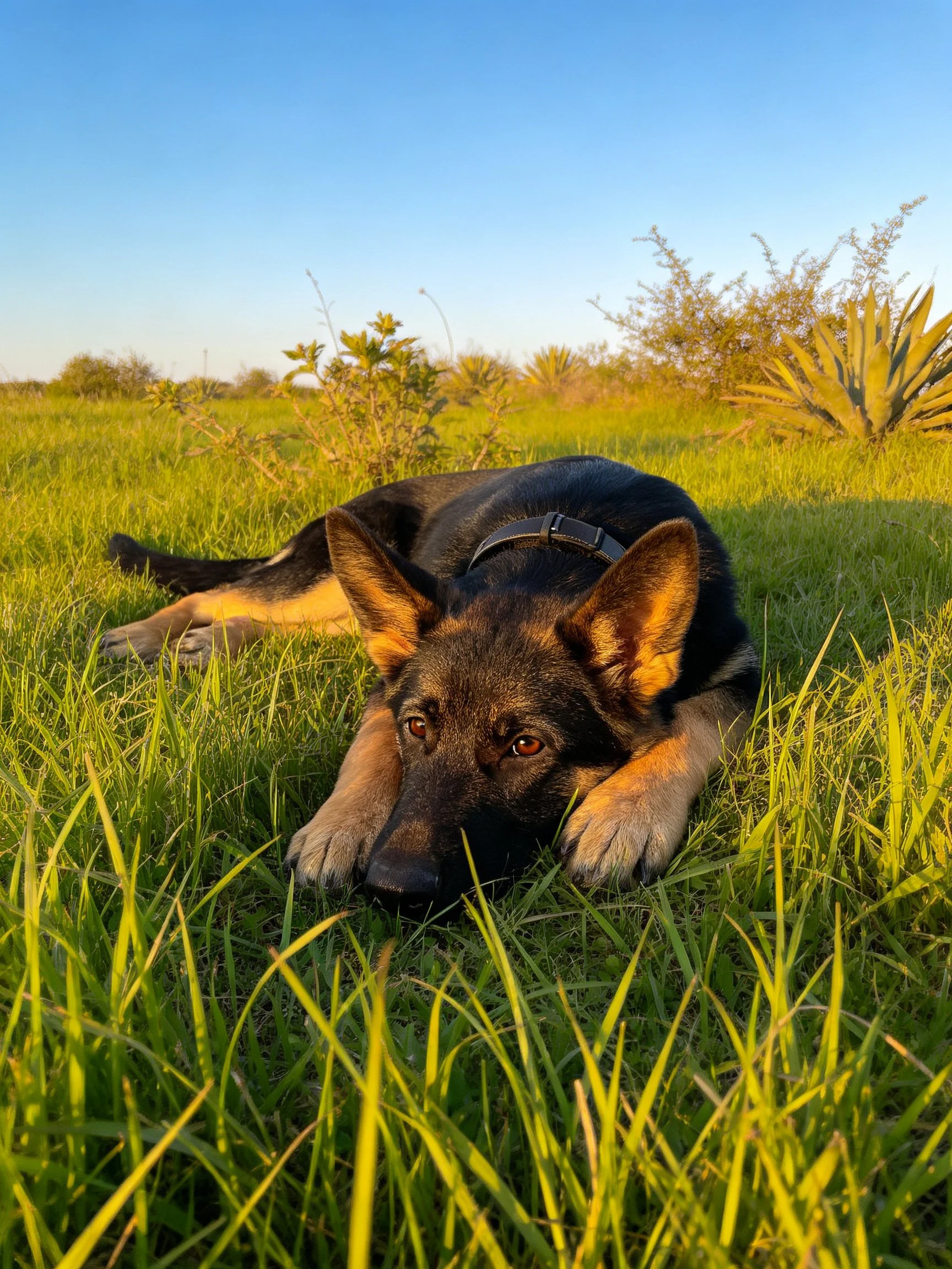A German Shepherd rests in tall green grass under bright sunlight