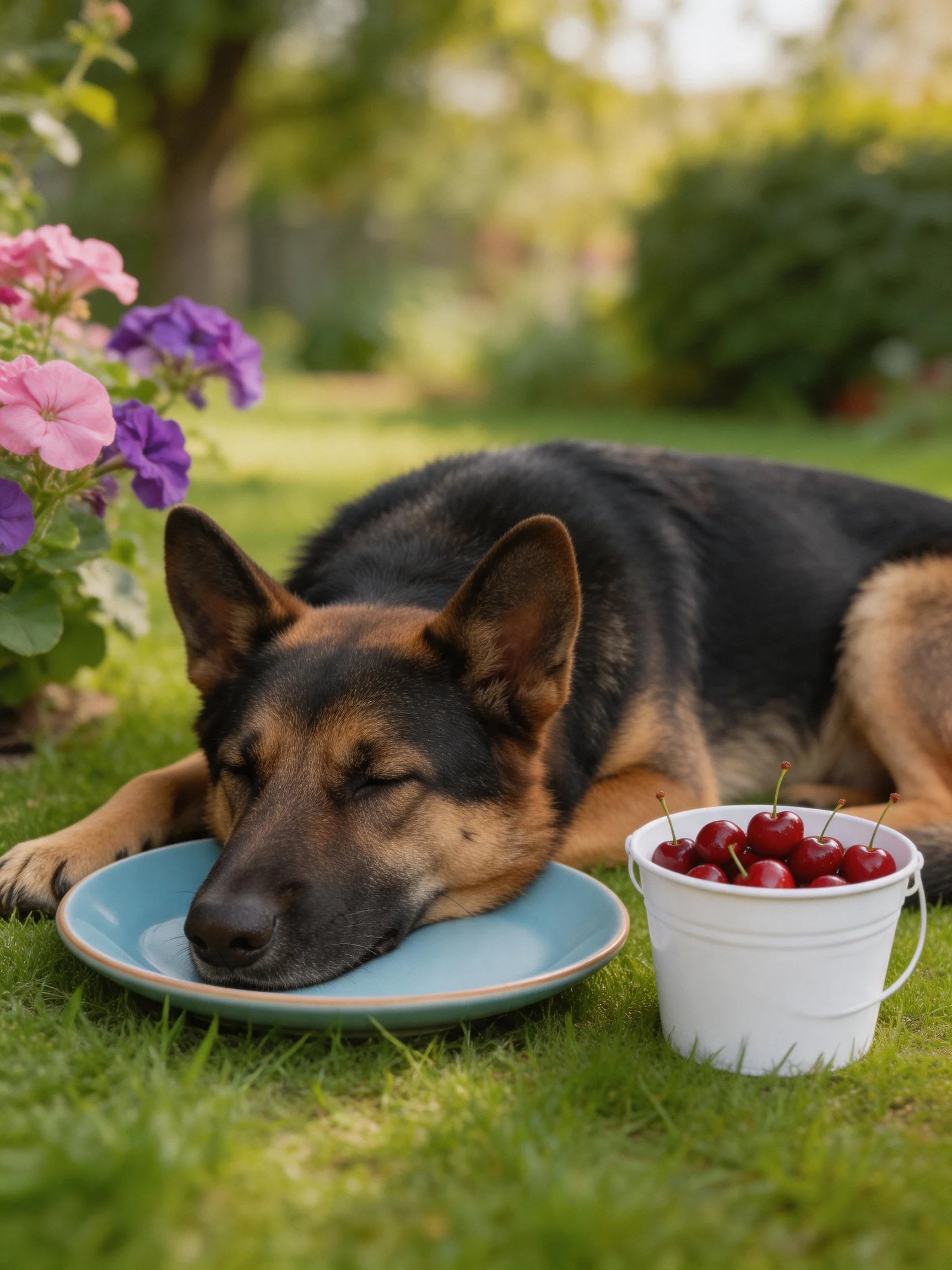 A German Shepherd rests near a blue plate and cherry-filled bucket in a flowered garden