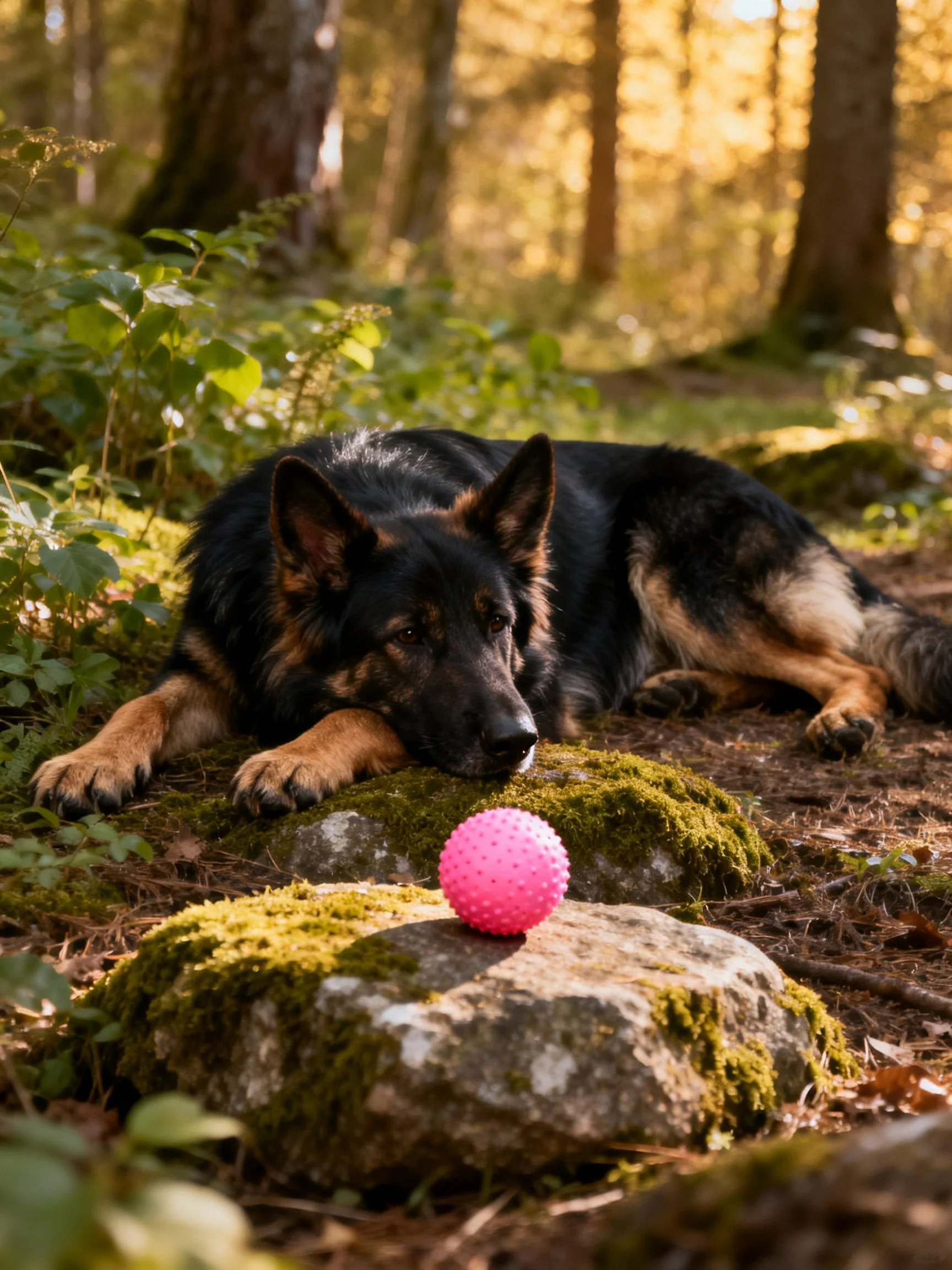 A German Shepherd lies near a pink ball in a sun-dappled forest.
