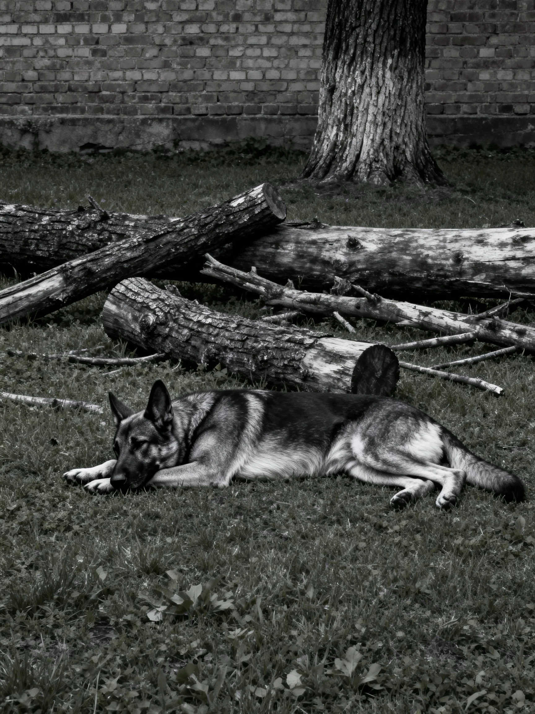 A German Shepherd rests near fallen logs and a tree in a black - and - white setting