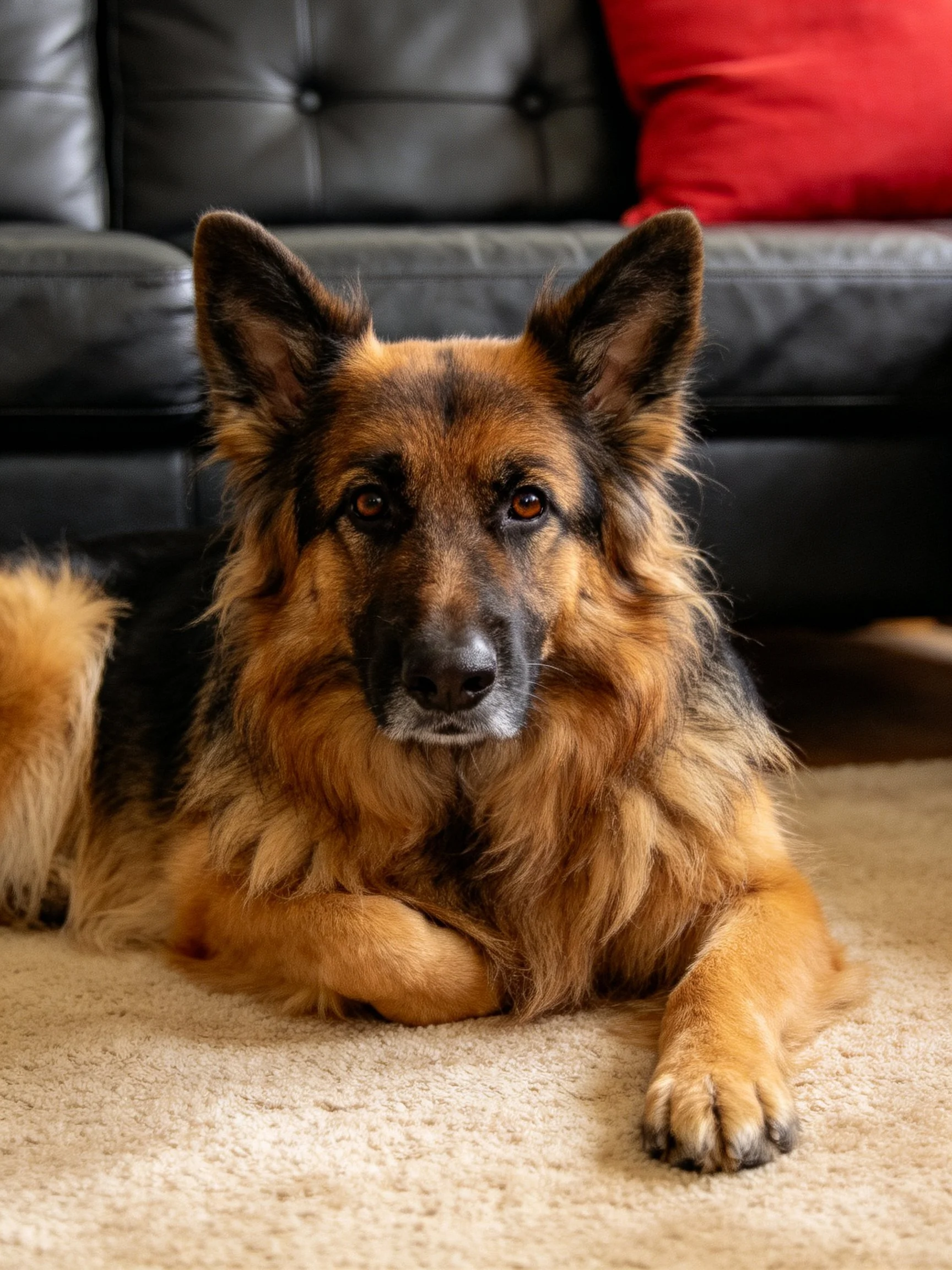 A German Shepherd relaxes on a carpet beside a black leather couch.