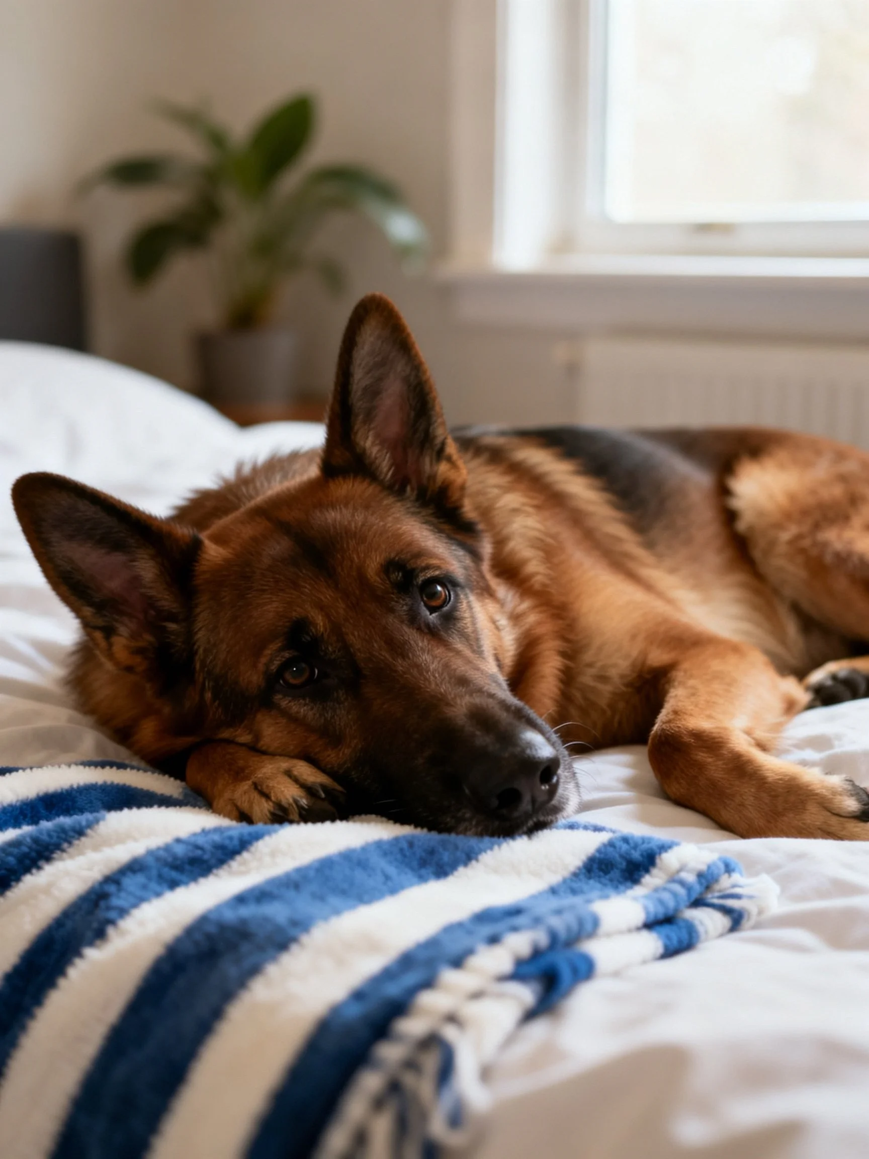 A German Shepherd relaxes on a bed with a blue and white blanket by a window.