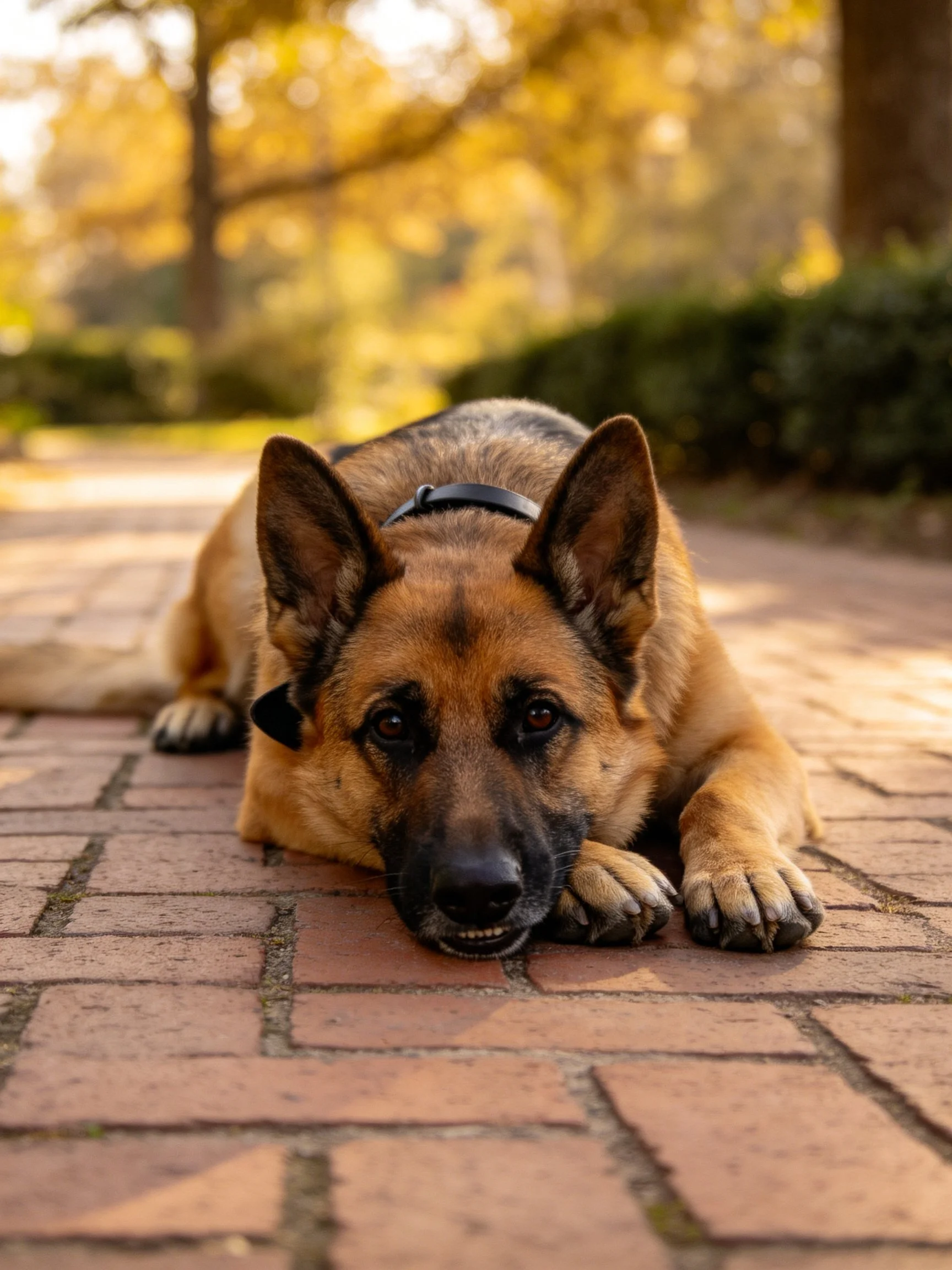 A German Shepherd lies calmly on a brick path surrounded by autumn scenery.