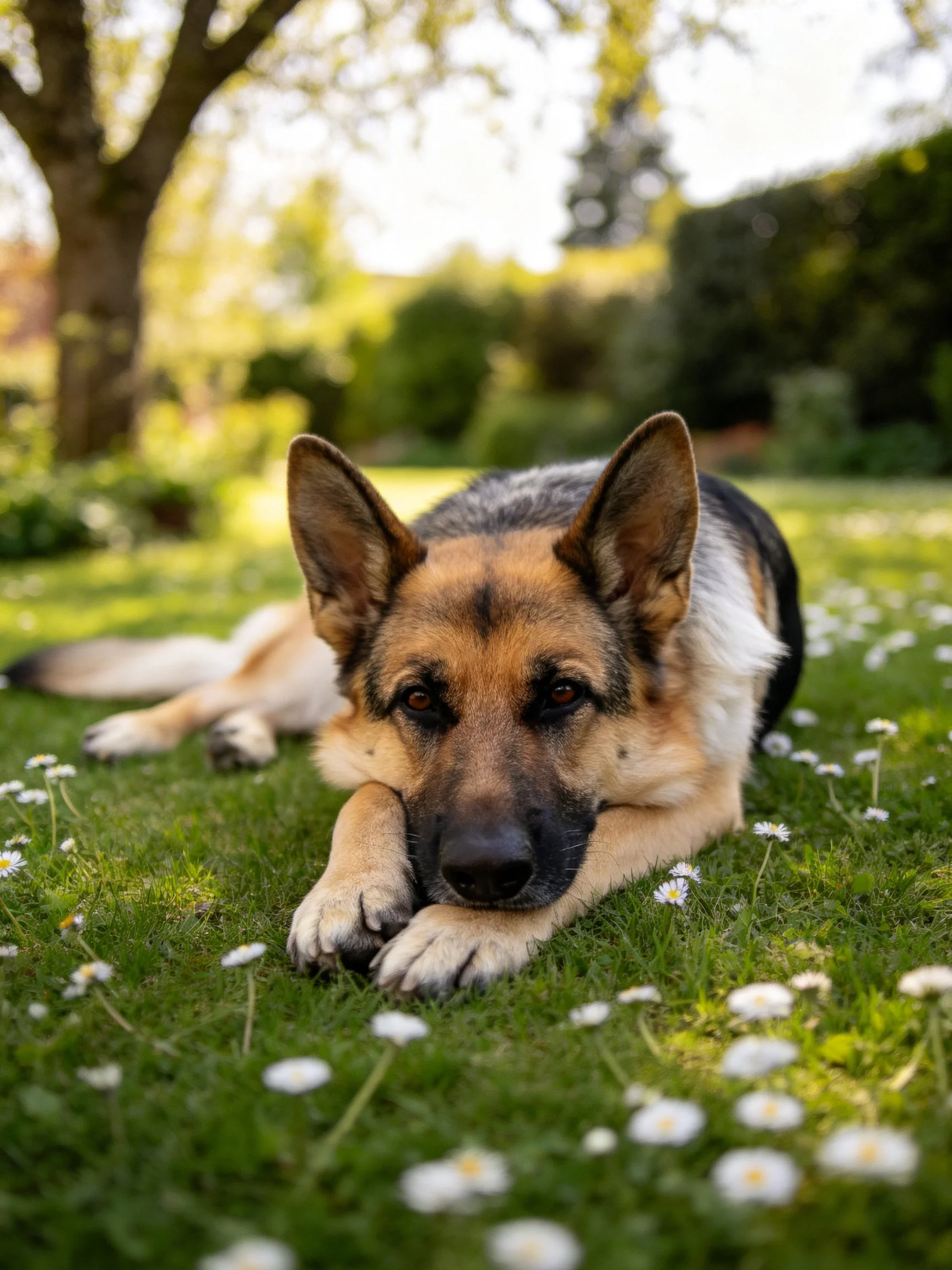 A German Shepherd relaxes on a daisy-dotted grassy area near trees.