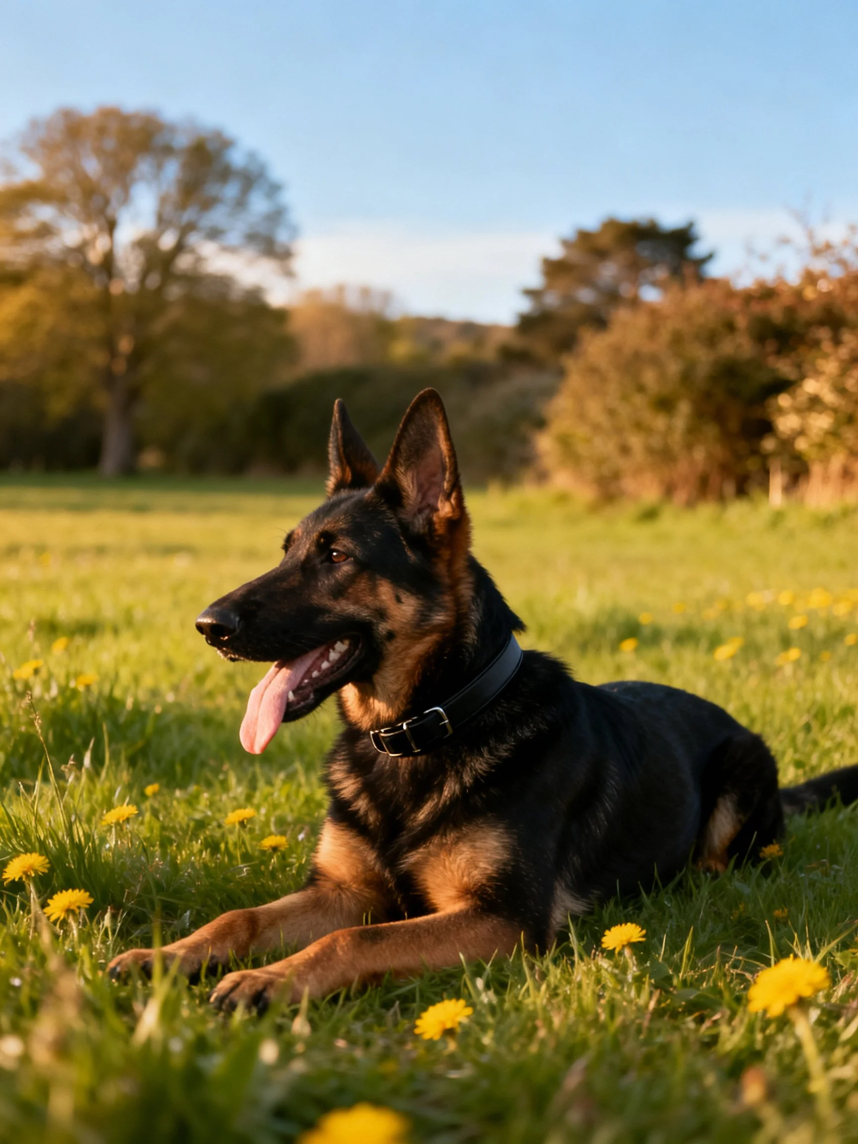 A German Shepherd relaxes on a flowered meadow in sunny conditions