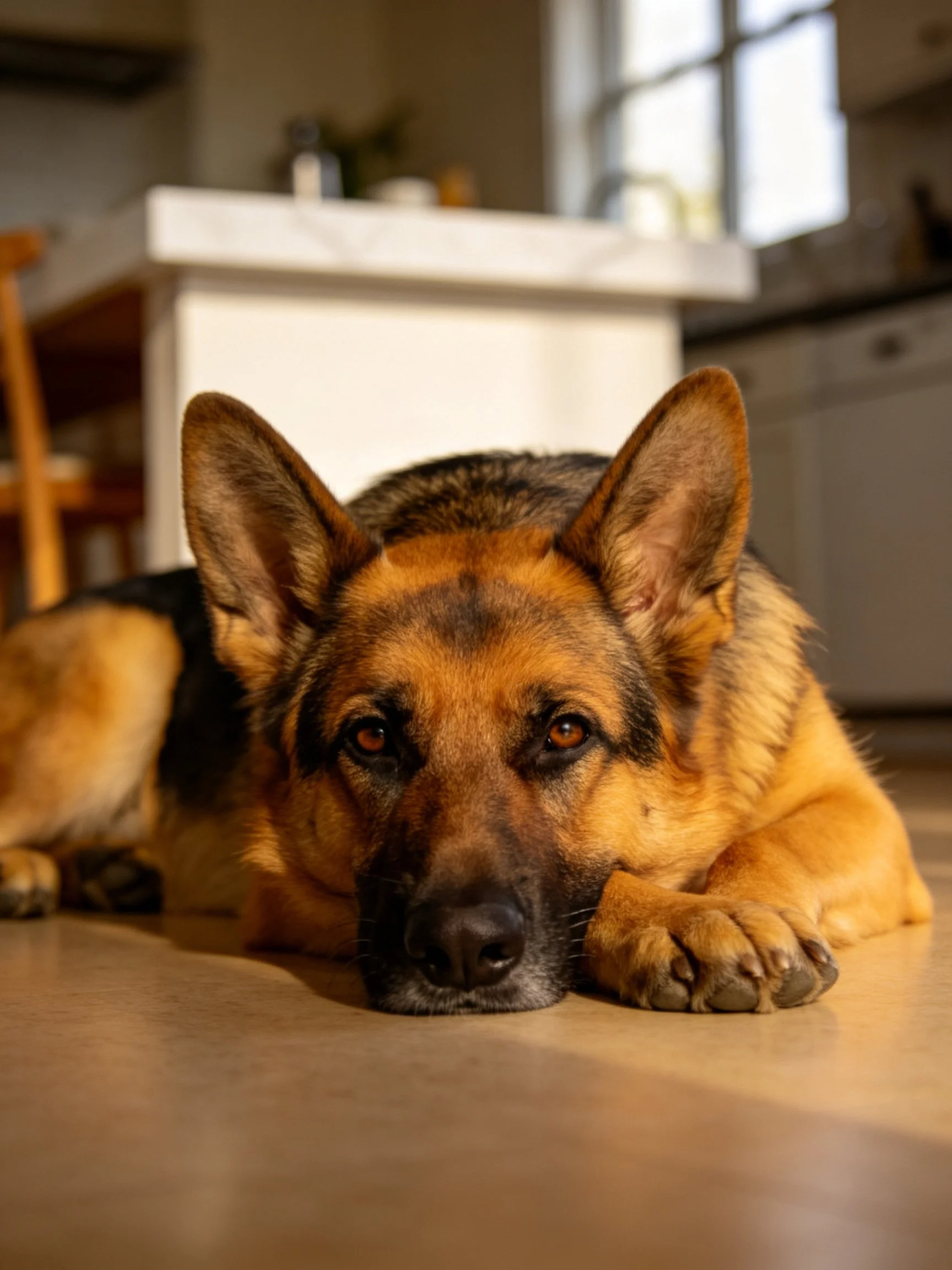 A German Shepherd relaxes on a kitchen floor illuminated by natural light.