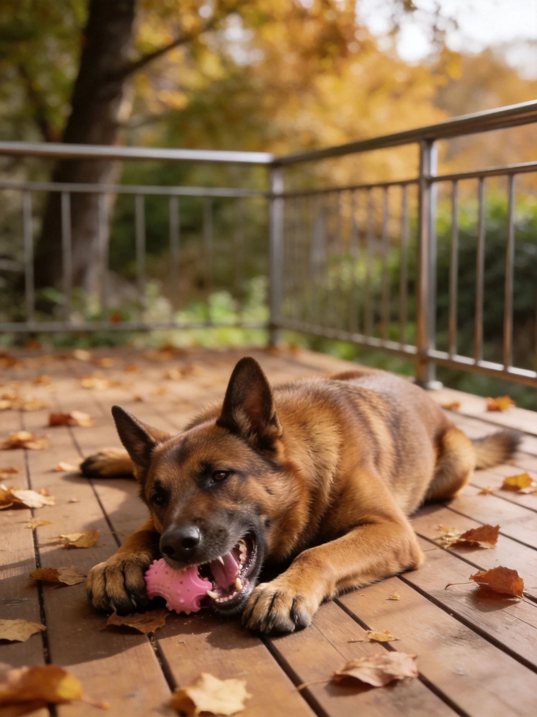 A German Shepherd relaxes on a leafy deck while chewing a pink toy.