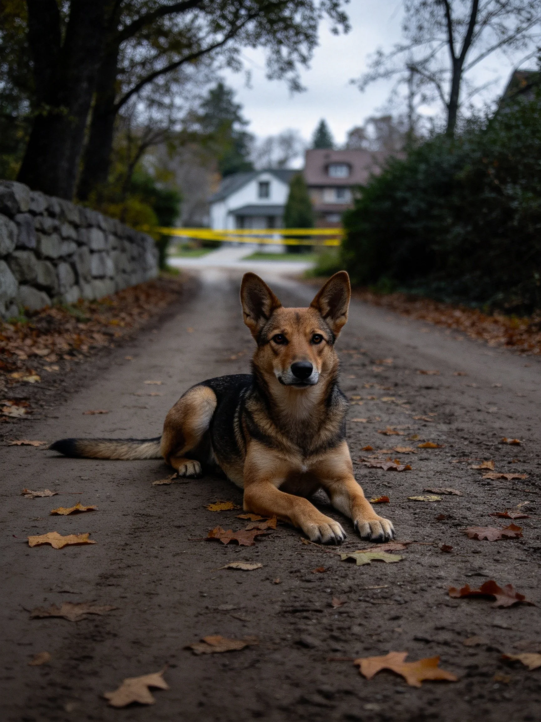 A German Shepherd relaxes on a leaf-covered dirt path toward residential homes