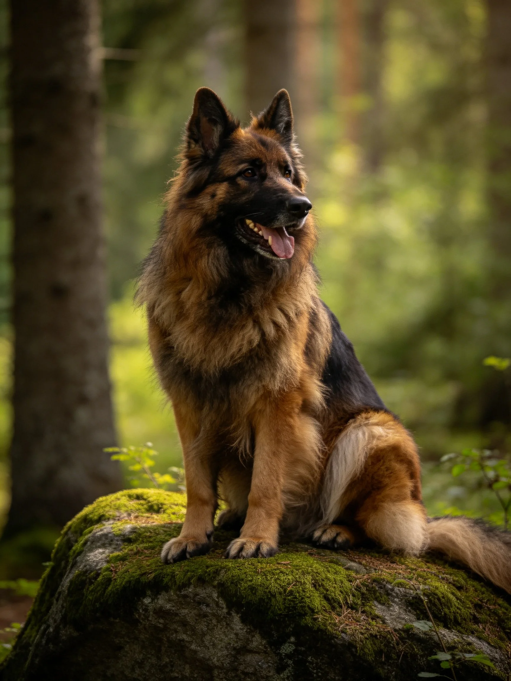 A German Shepherd sits calmly on a moss-covered rock in a sunlit forest.