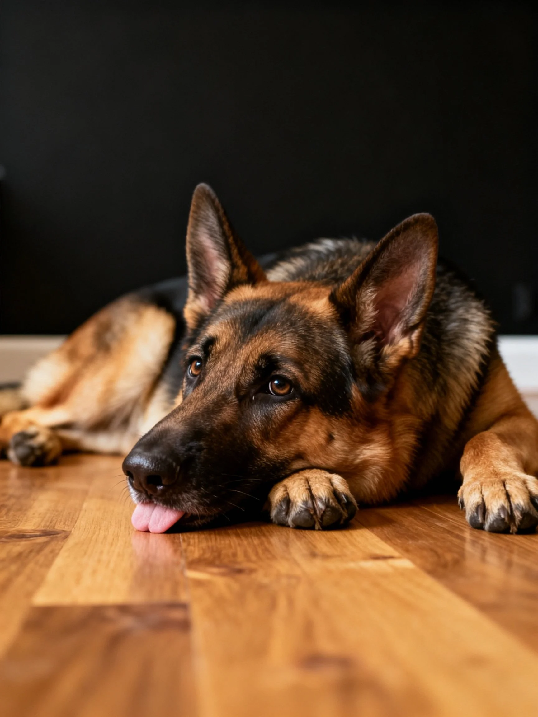 A German Shepherd rests on a polished wooden floor with a dark backdrop