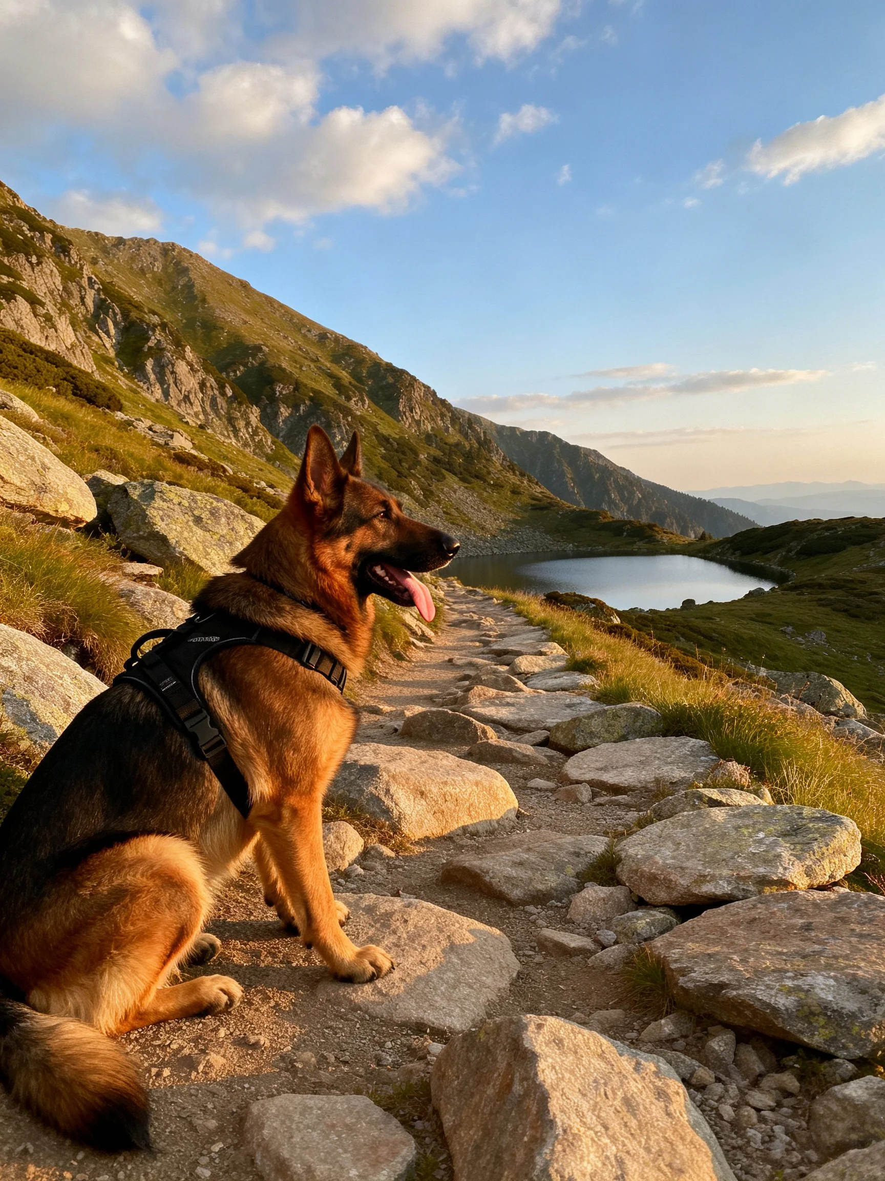 A German Shepherd relaxes on a rocky mountain path adjacent to a calm alpine lake.