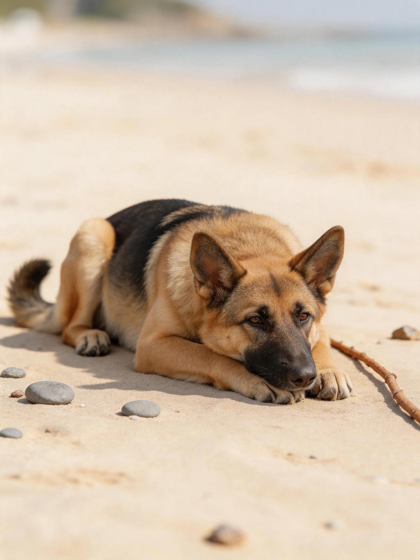A German Shepherd relaxes on a sandy beach with pebbles nearby.