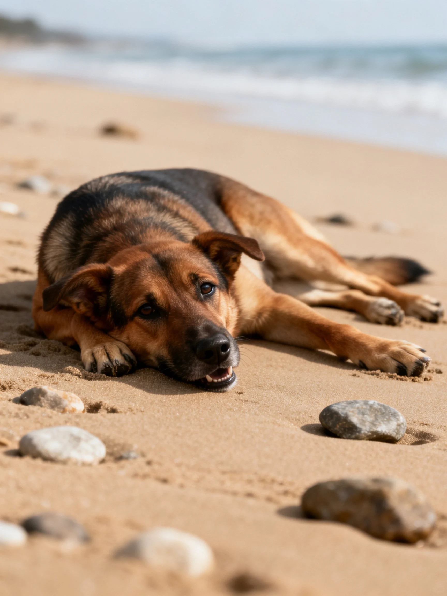 A German Shepherd relaxes on a sandy beach near scattered rocks.