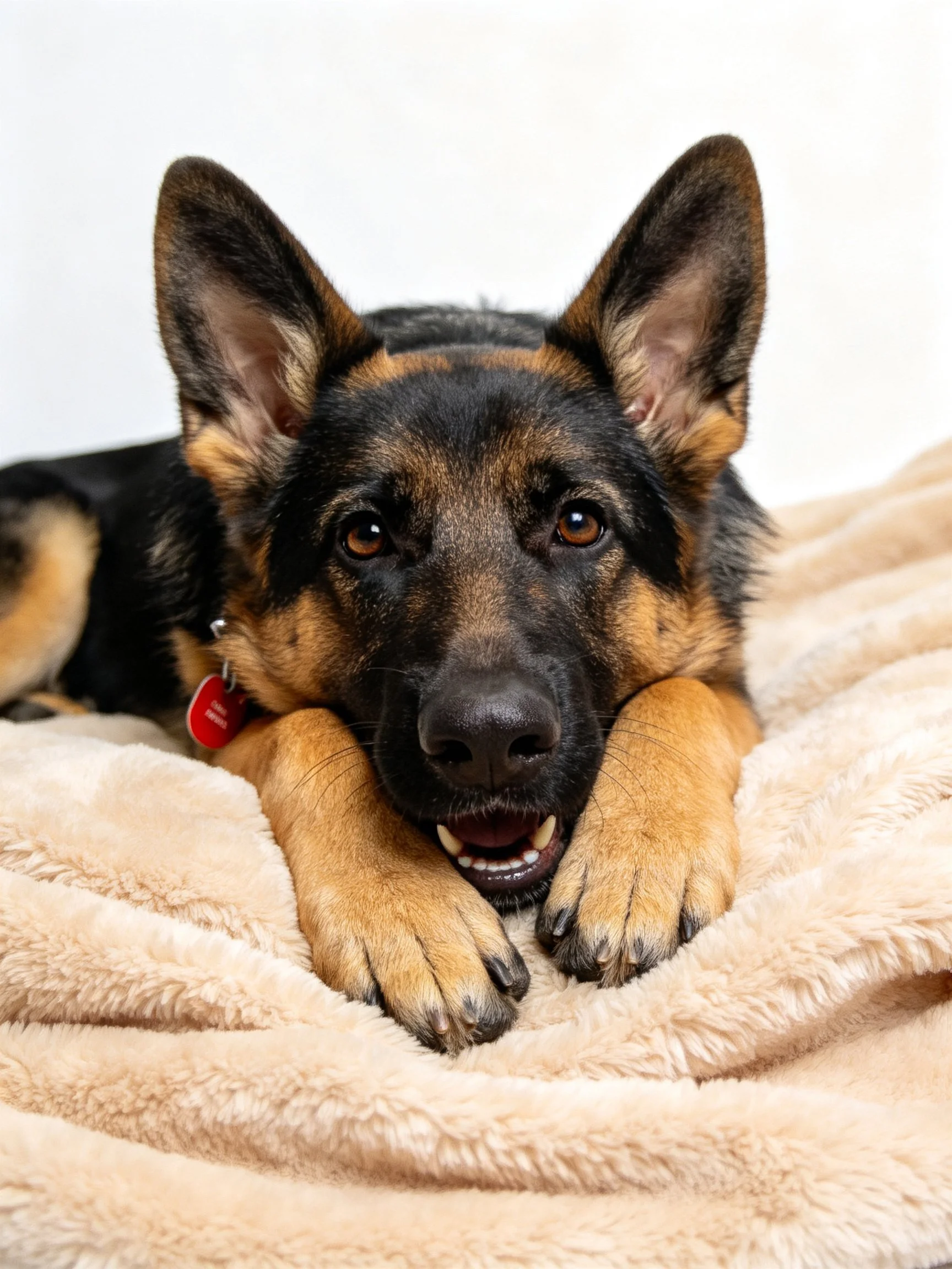 A German Shepherd lies on a plush beige blanket, gazing forward.