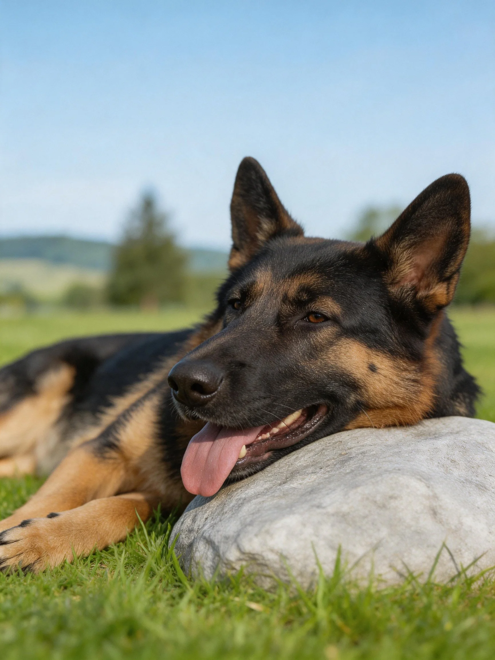 A German Shepherd relaxes on a rock in a sunlit grassy area.