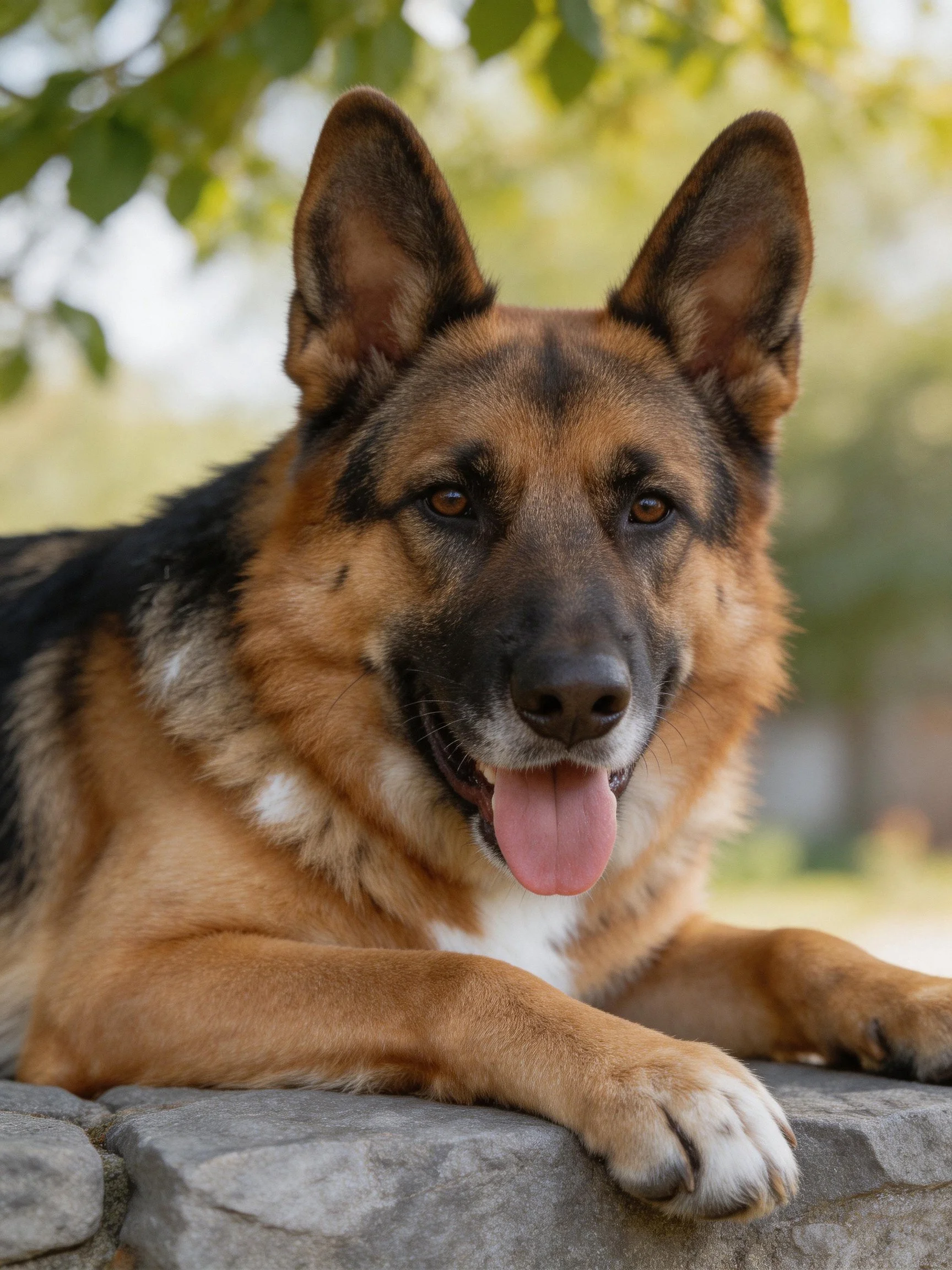 A German Shepherd relaxes on a stone ledge in a verdant outdoor setting.