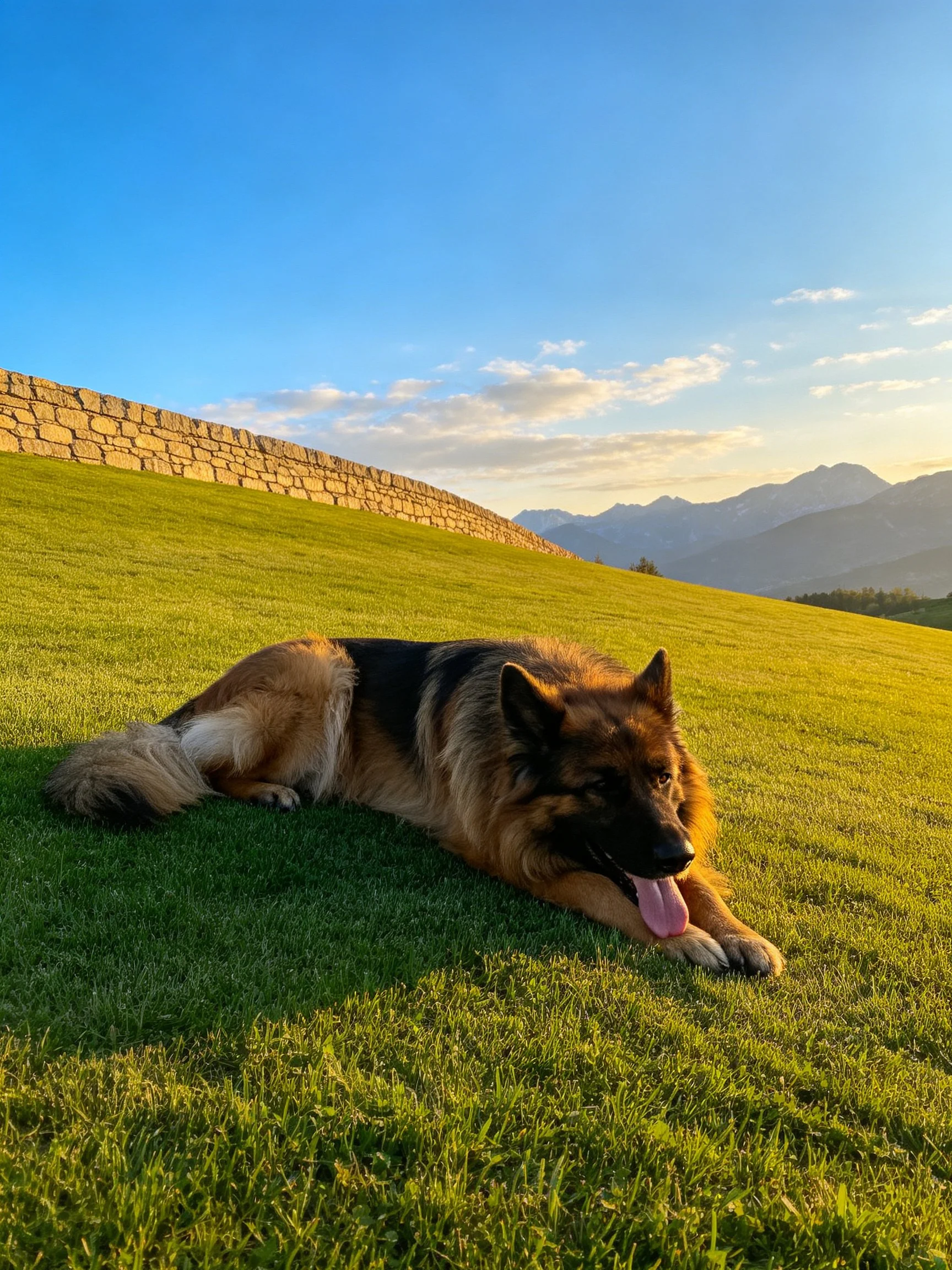 A German Shepherd relaxes on a grassy hillside with astone wall and mountains in the distance.